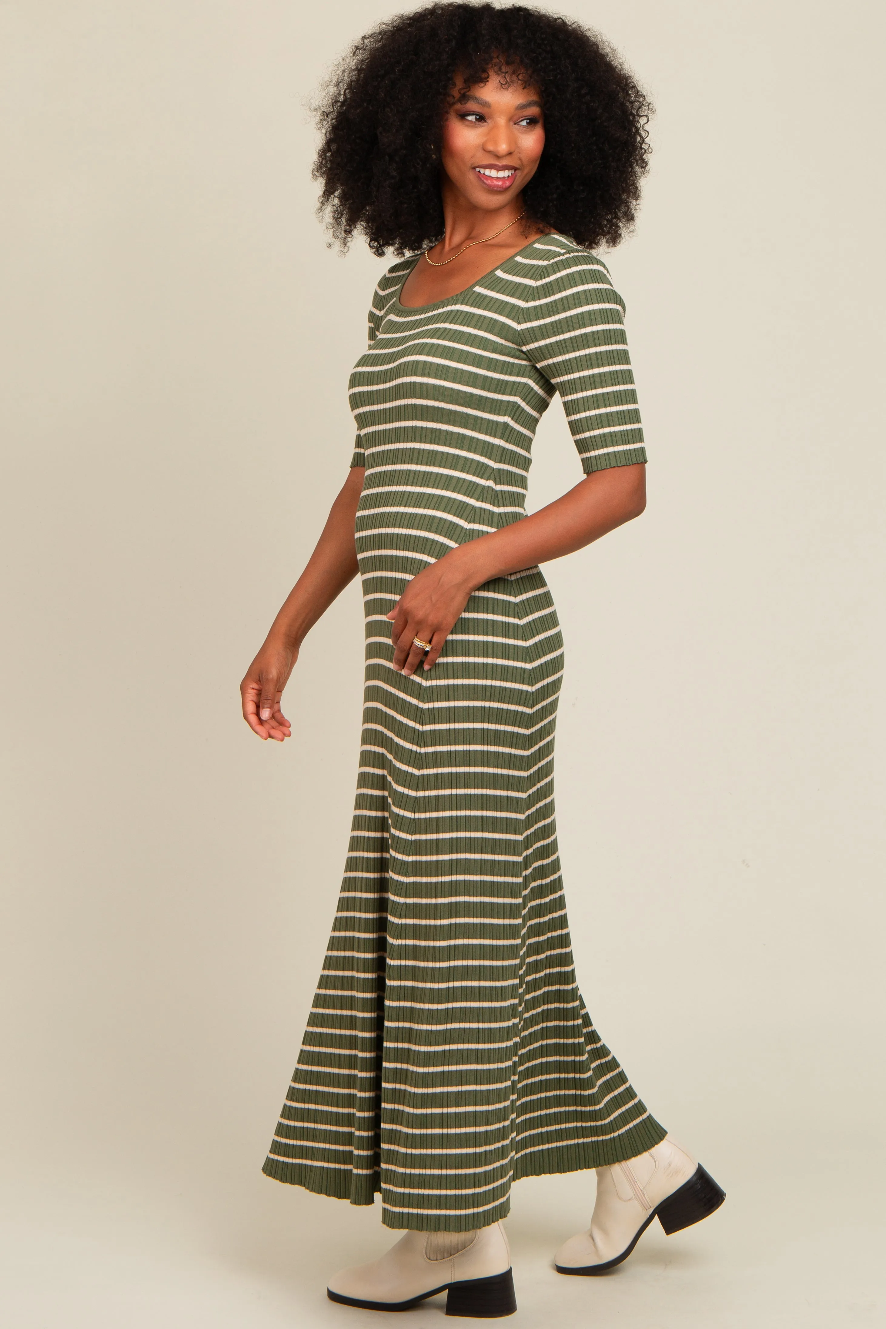 Olive Striped Ribbed Short Sleeve Maxi Dress sold by Pinkblush product image thumbnail 3