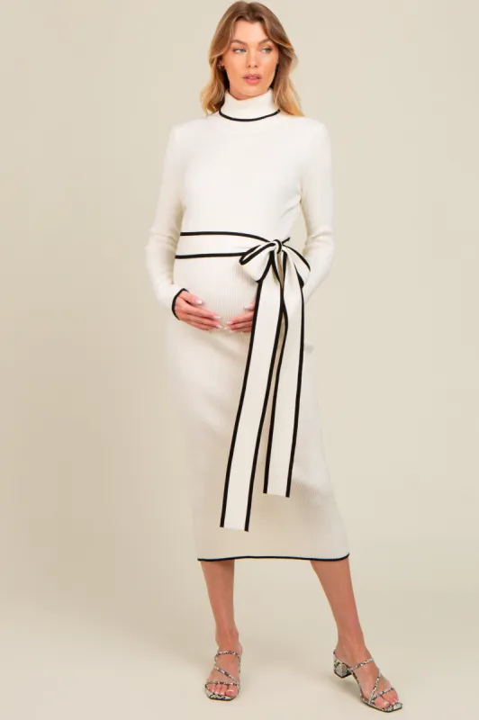 Ivory Contrast Trim Turtleneck Maternity Sweater Dress sold by Pinkblush