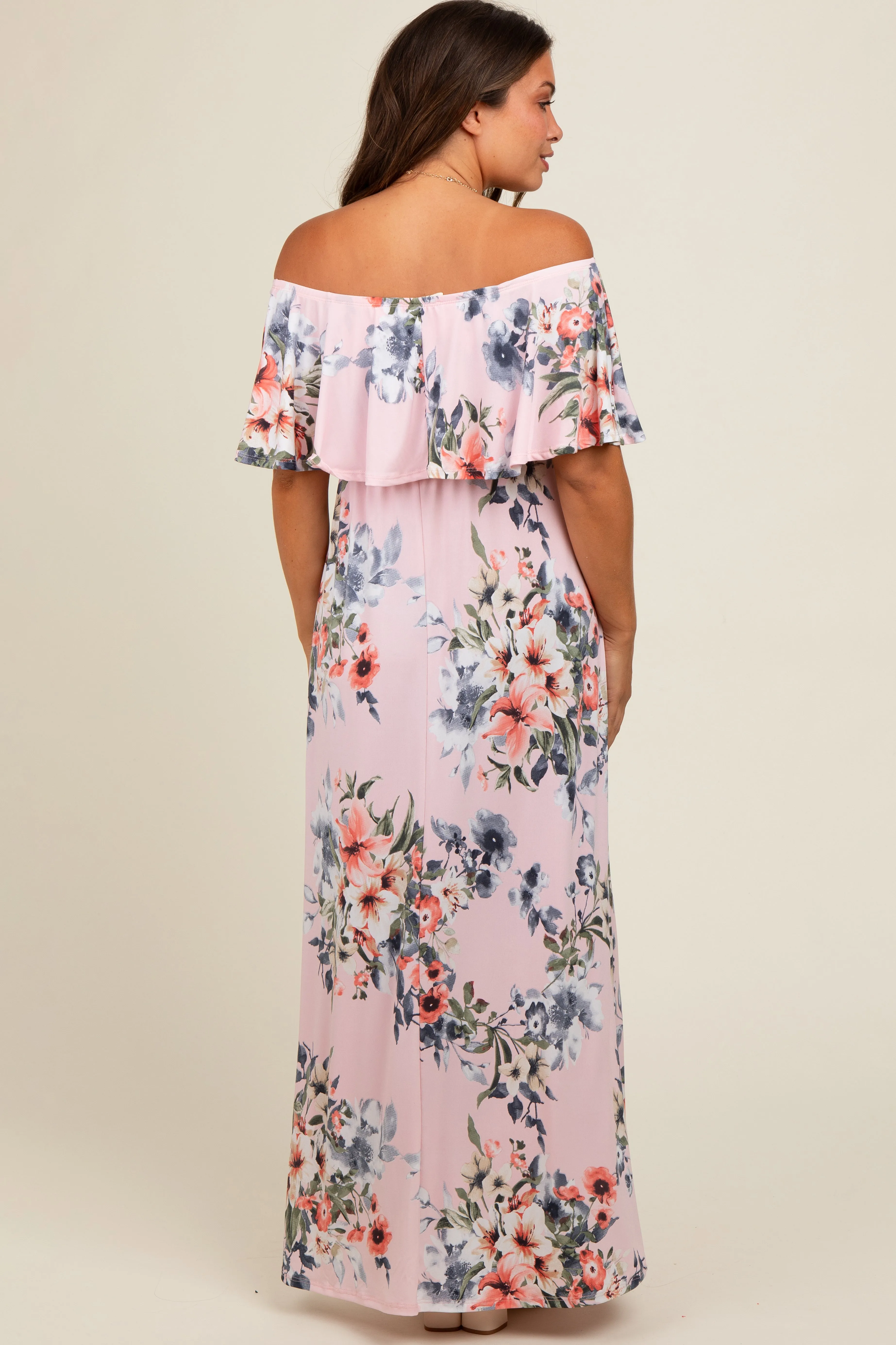 Pink Off Shoulder Floral Ruffle Maternity Maxi Dress sold by Pinkblush product image thumbnail 4