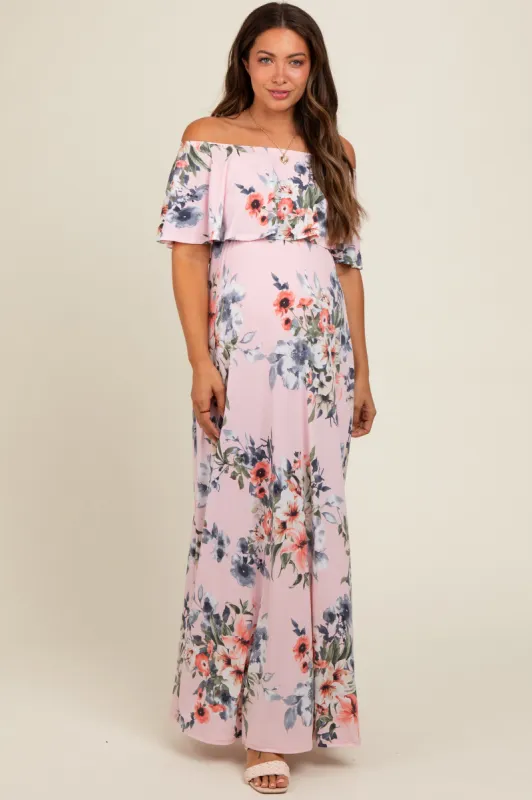 Pink Off Shoulder Floral Ruffle Maternity Maxi Dress made by Hello MIZ