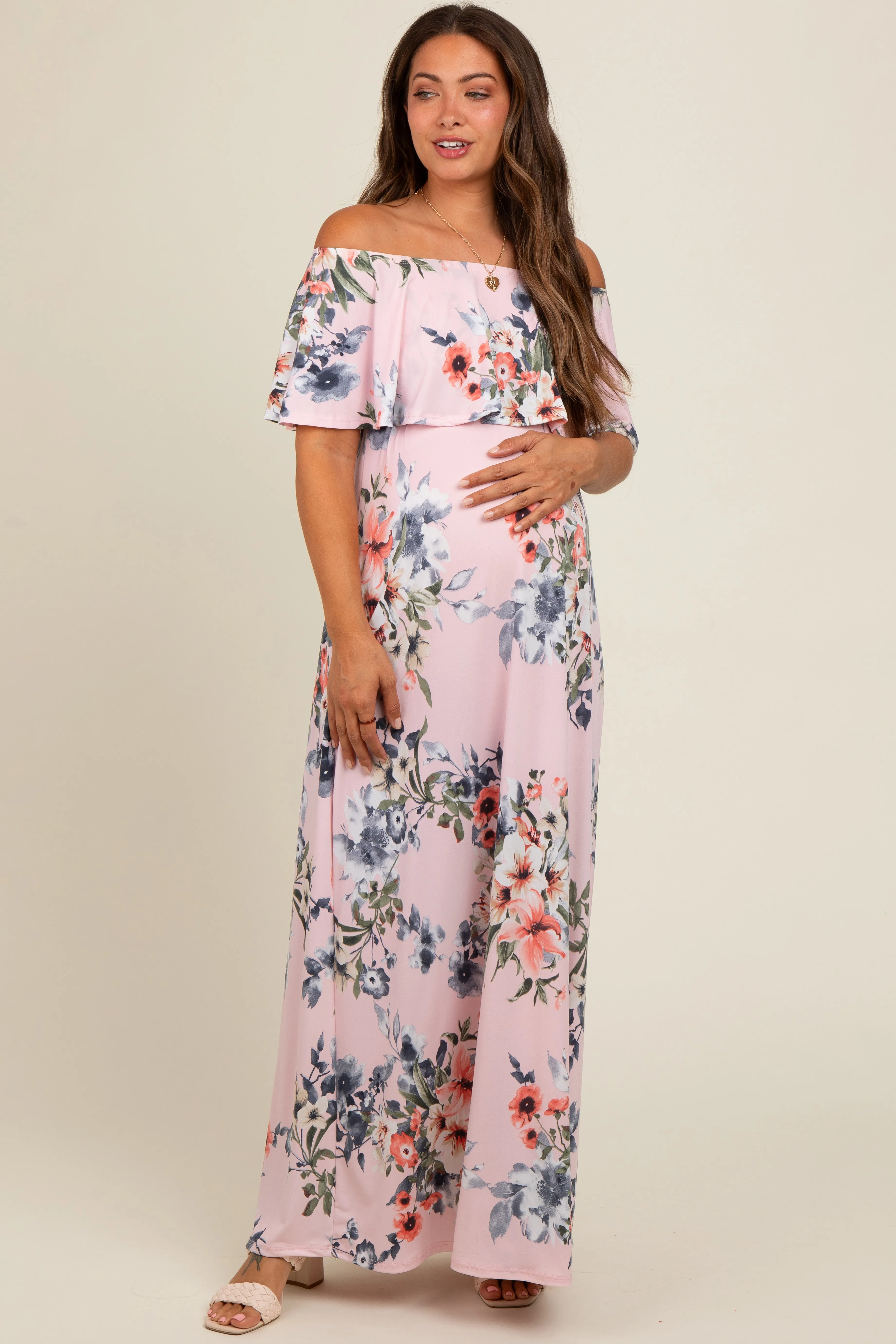Pink Off Shoulder Floral Ruffle Maternity Maxi Dress sold by Pinkblush product image thumbnail 2