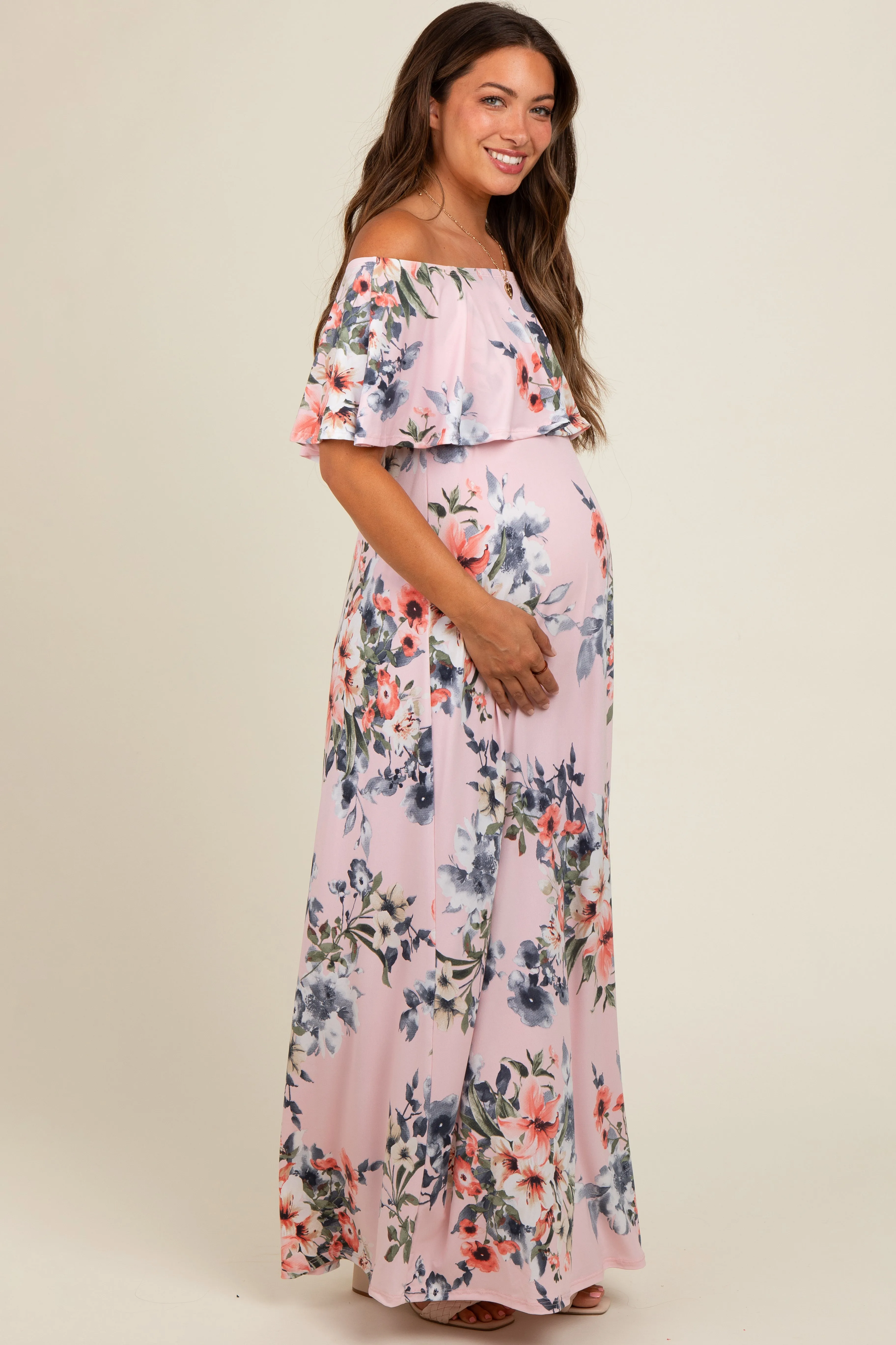 Pink Off Shoulder Floral Ruffle Maternity Maxi Dress sold by Pinkblush product image thumbnail 3