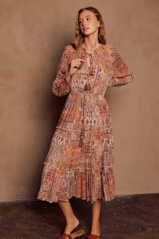 Rust Multi Sunset Tie-Front Tiered Dress sold by Pinkblush