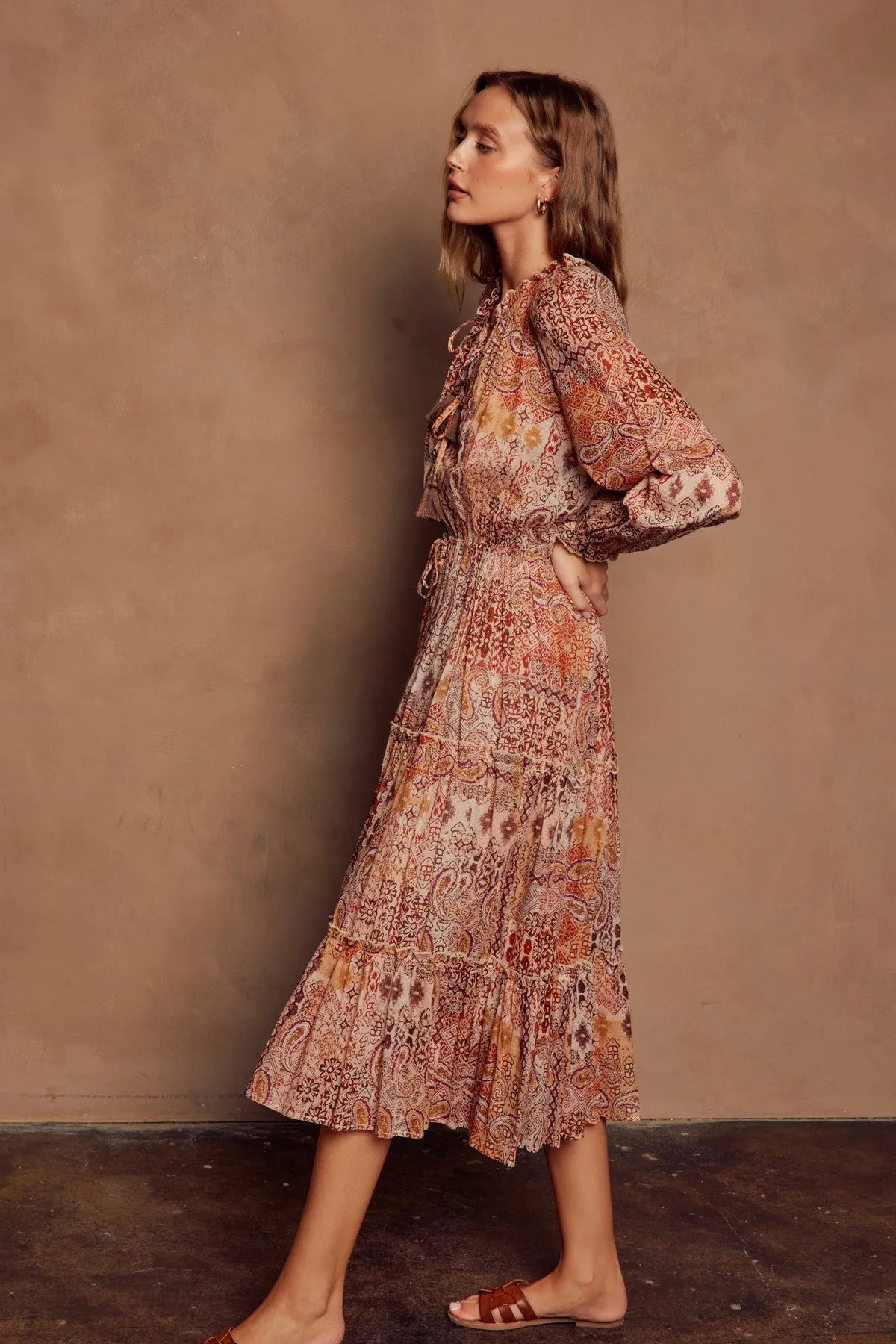 Rust Multi Sunset Tie-Front Tiered Dress sold by Pinkblush product image thumbnail 2
