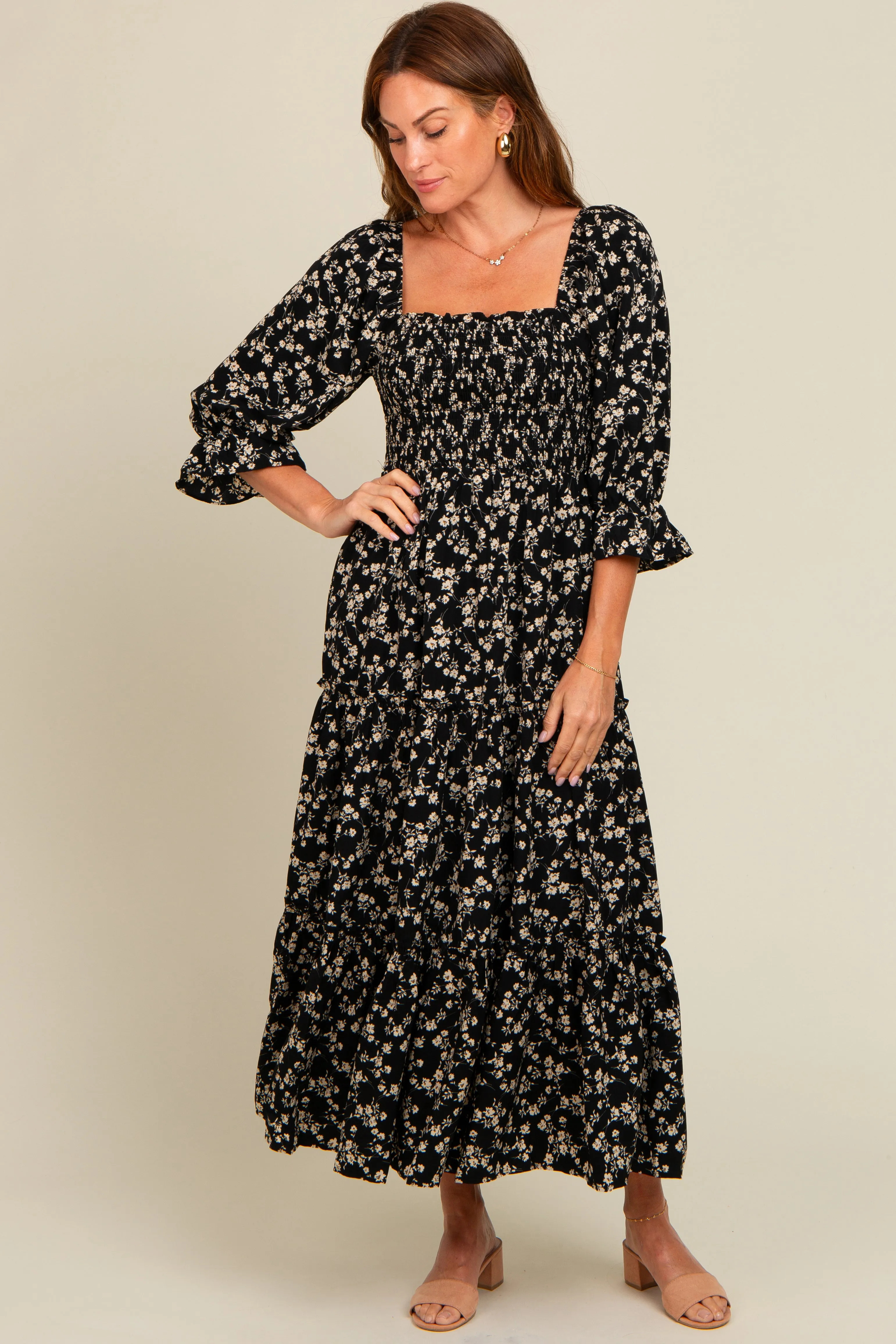 Black Smocked Tiered Pocketed Maternity Midi Dress sold by Pinkblush product image thumbnail 5