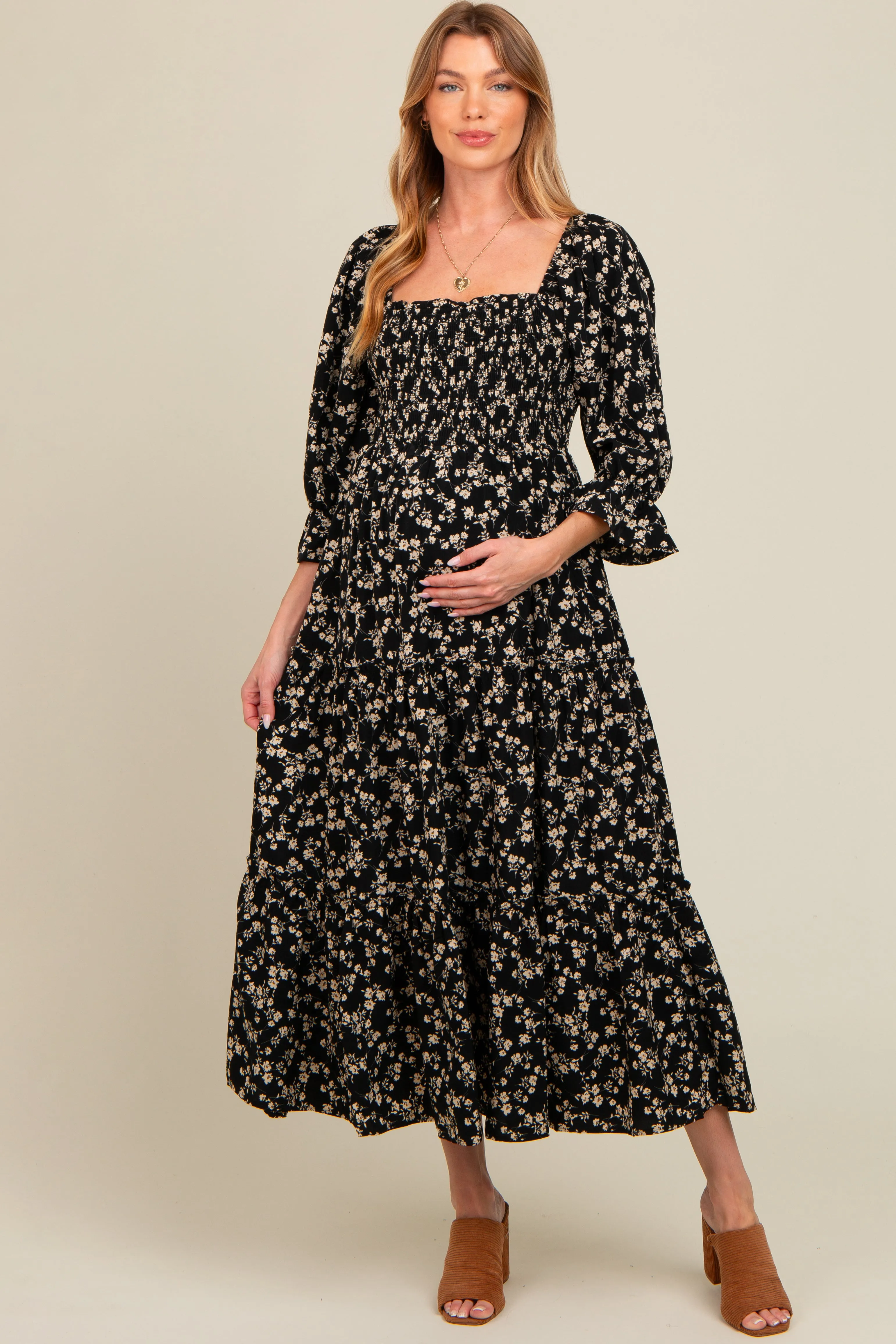 Black Smocked Tiered Pocketed Maternity Midi Dress sold by Pinkblush product image thumbnail 2
