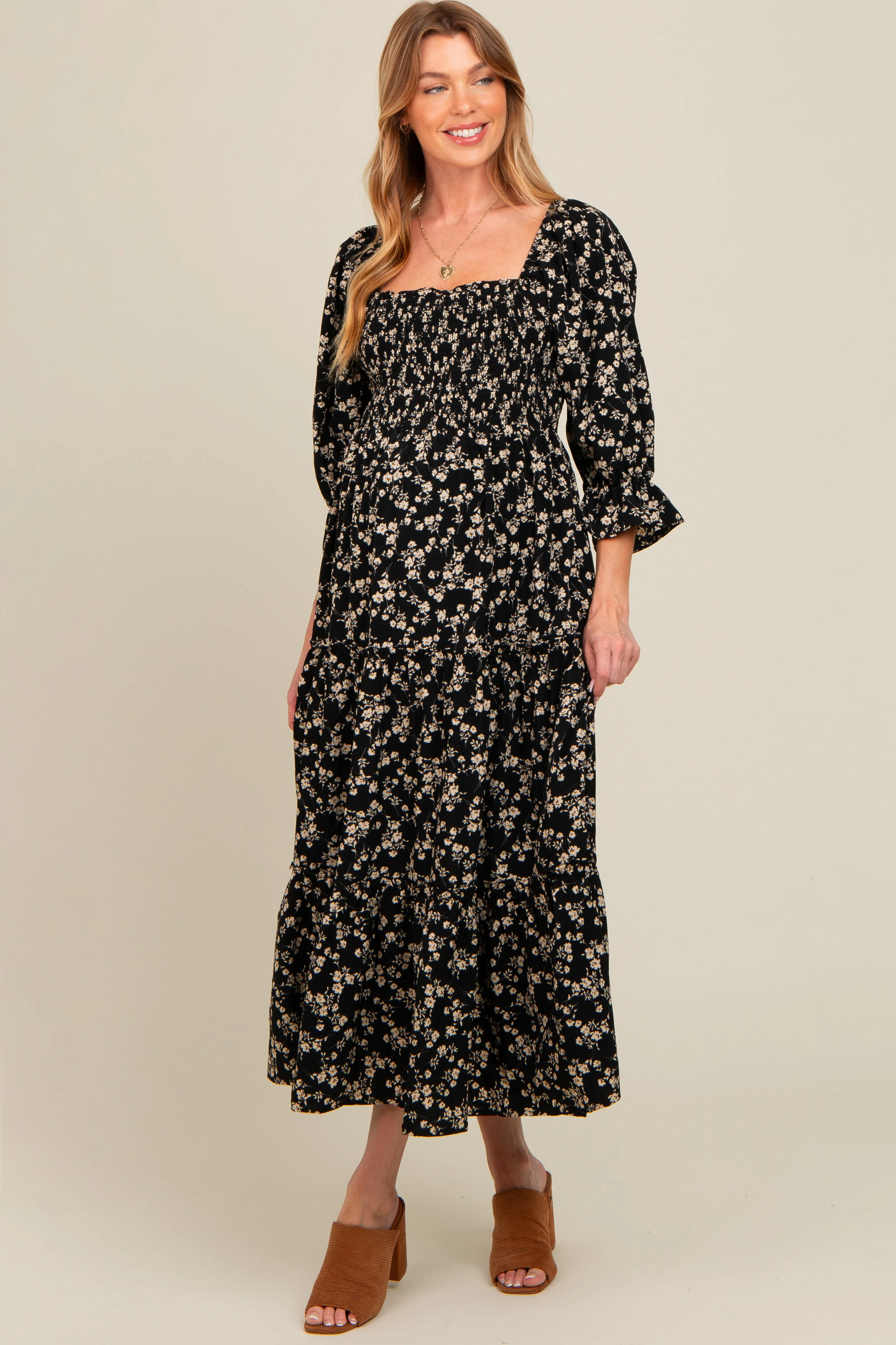 Black Smocked Tiered Pocketed Maternity Midi Dress sold by Pinkblush product image thumbnail 3