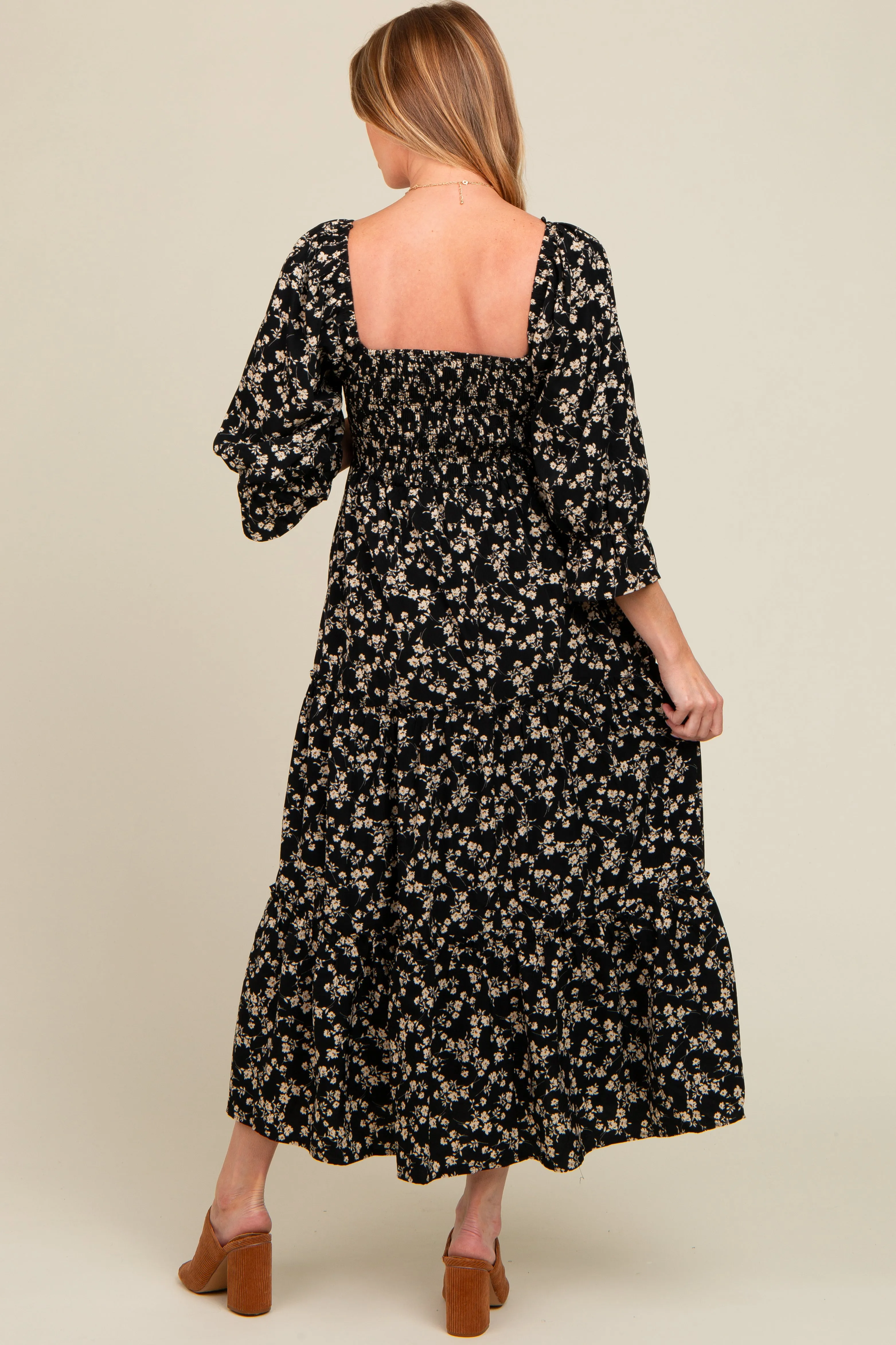Black Smocked Tiered Pocketed Maternity Midi Dress sold by Pinkblush product image thumbnail 4