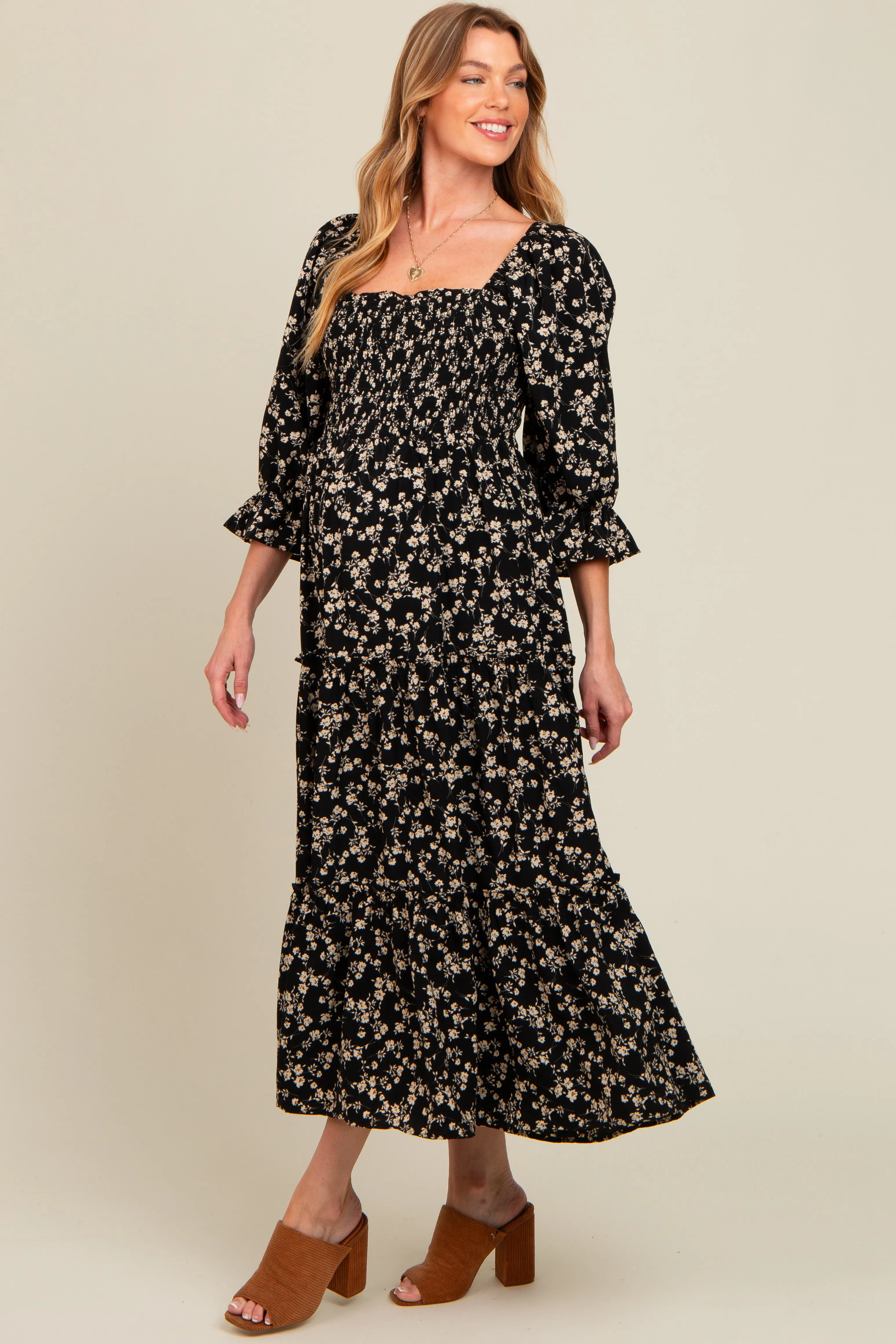 Black Smocked Tiered Pocketed Maternity Midi Dress sold by Pinkblush