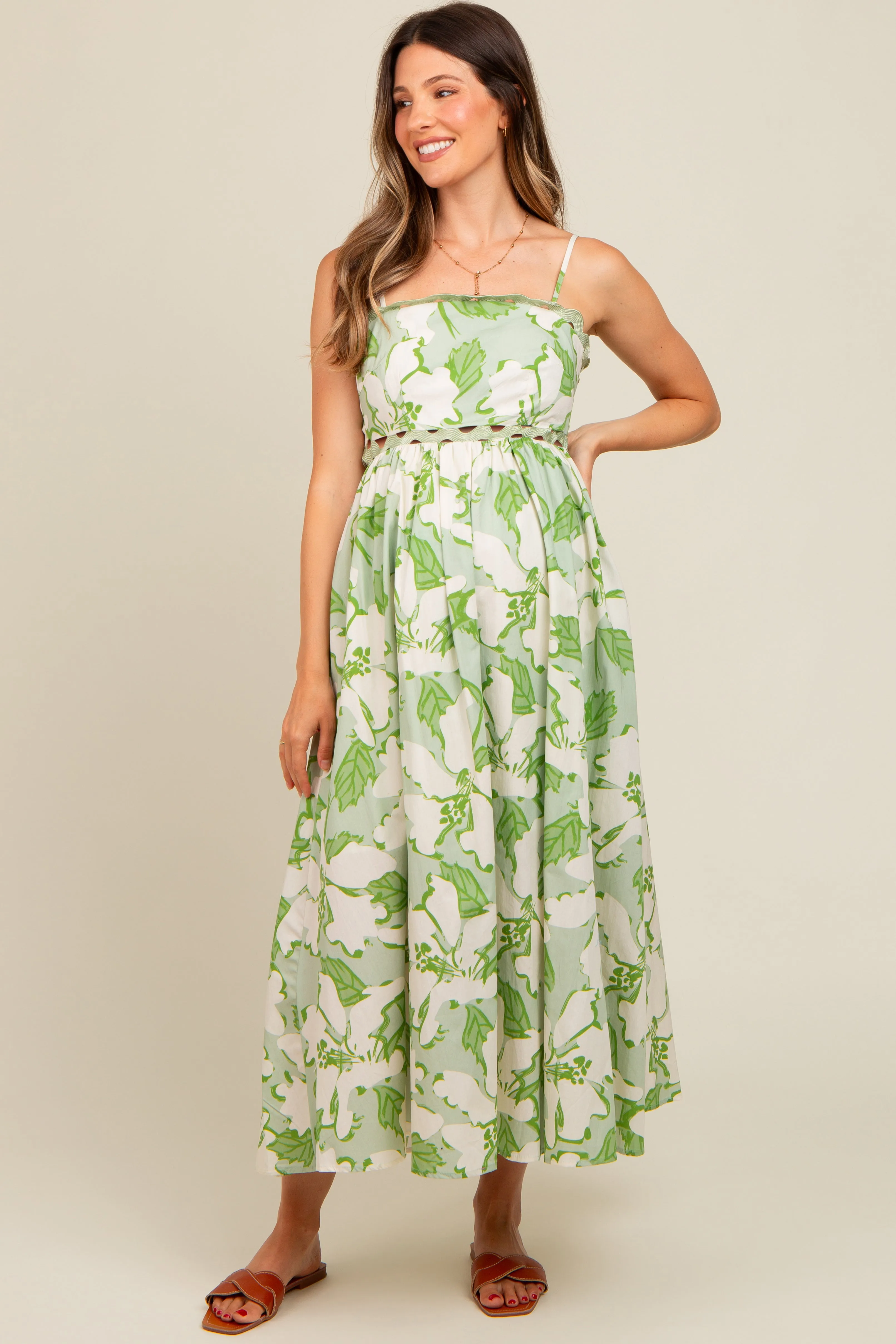 Green Floral Wave Trim Back Tie Maternity Midi Dress sold by Pinkblush
