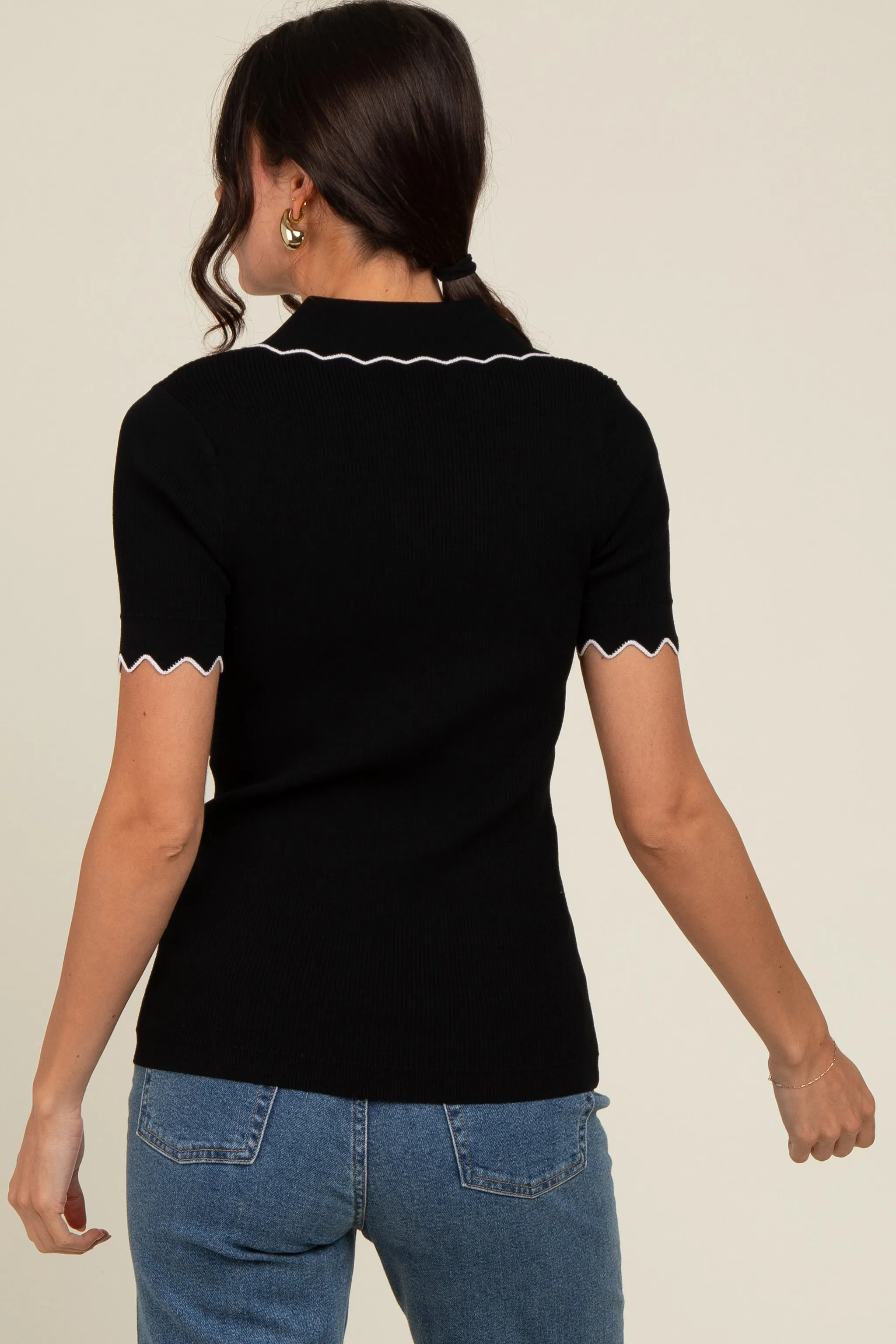 Black Ribbed Scallop Trim Split V-Neck Short Sleeve Top sold by Pinkblush product image thumbnail 3