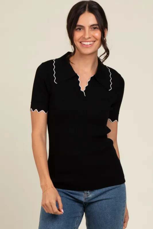 Black Ribbed Scallop Trim Split V-Neck Short Sleeve Top sold by Pinkblush