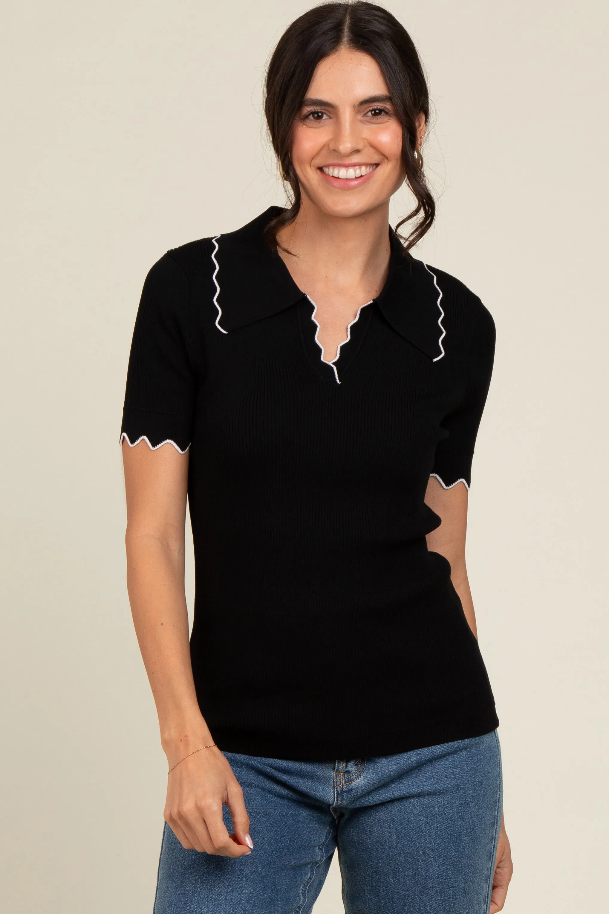 Black Ribbed Scallop Trim Split V-Neck Short Sleeve Top sold by Pinkblush