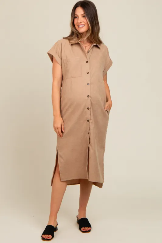 Beige Corduroy Button Down Maternity Midi Dress sold by Pinkblush
