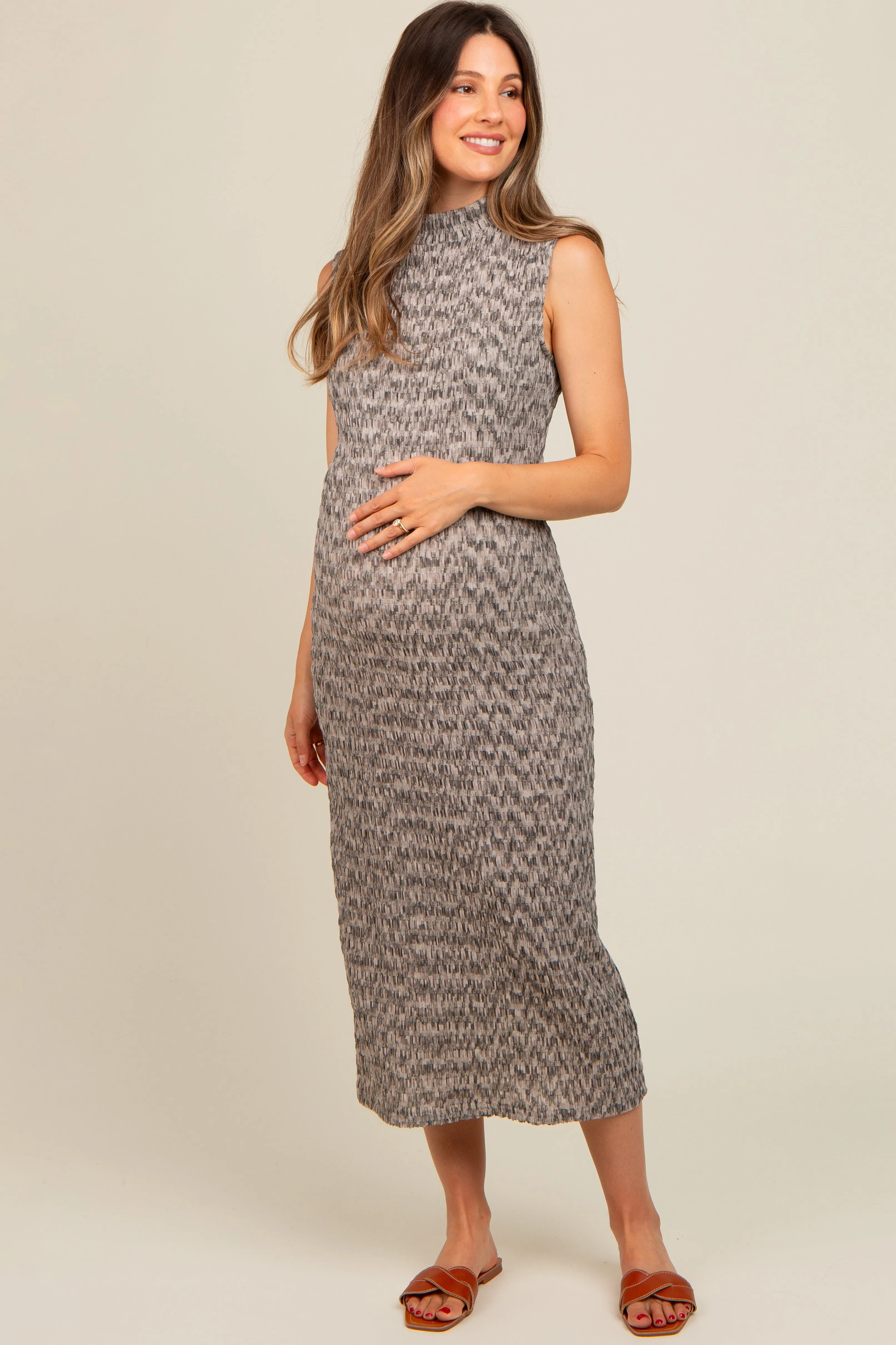 Grey Textured Knit Mock Neck Maternity Midi Dress sold by Pinkblush product image thumbnail 2