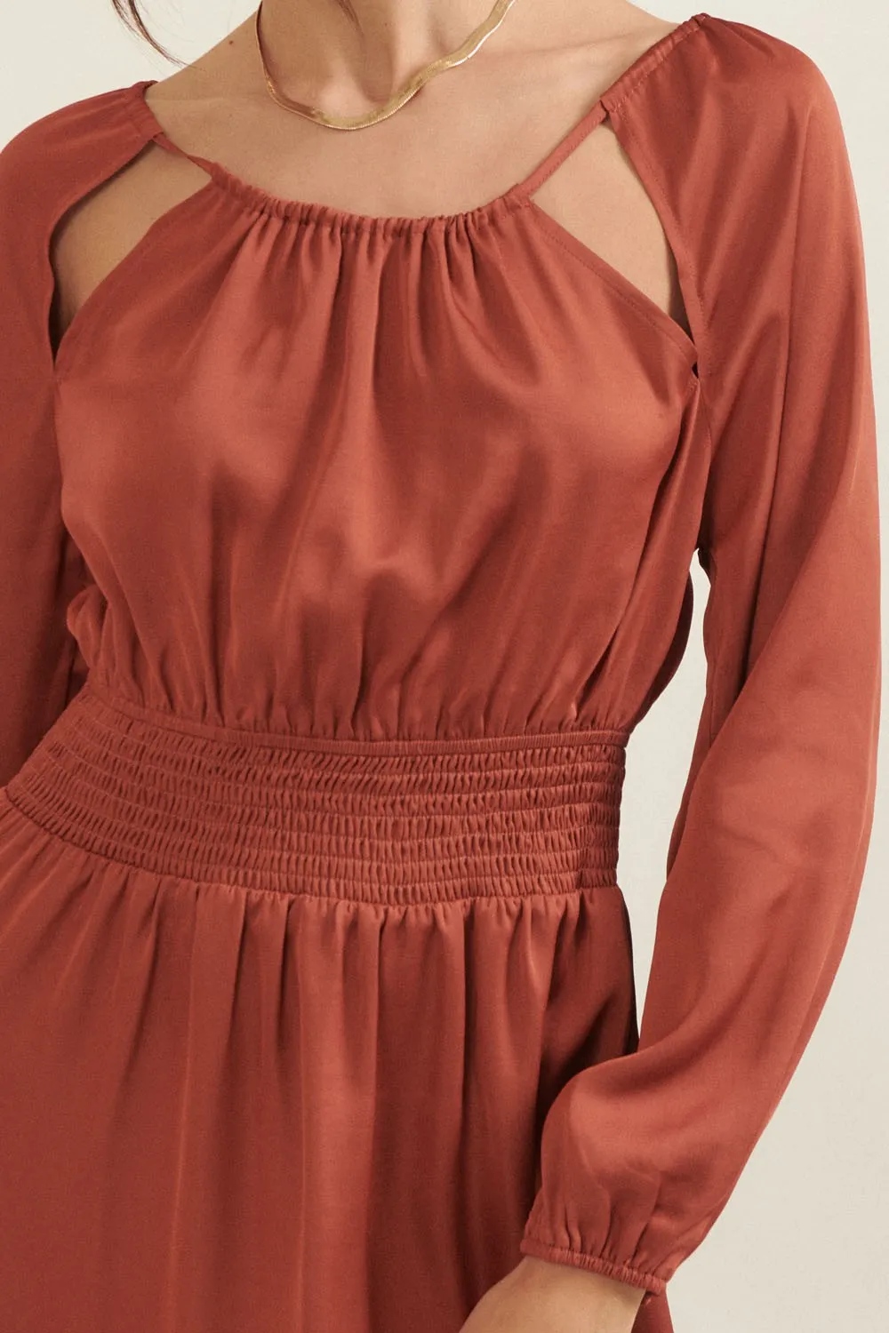 Cinnamon Solid Round Neck Smock Waist Mini Dress sold by Pinkblush product image thumbnail 5