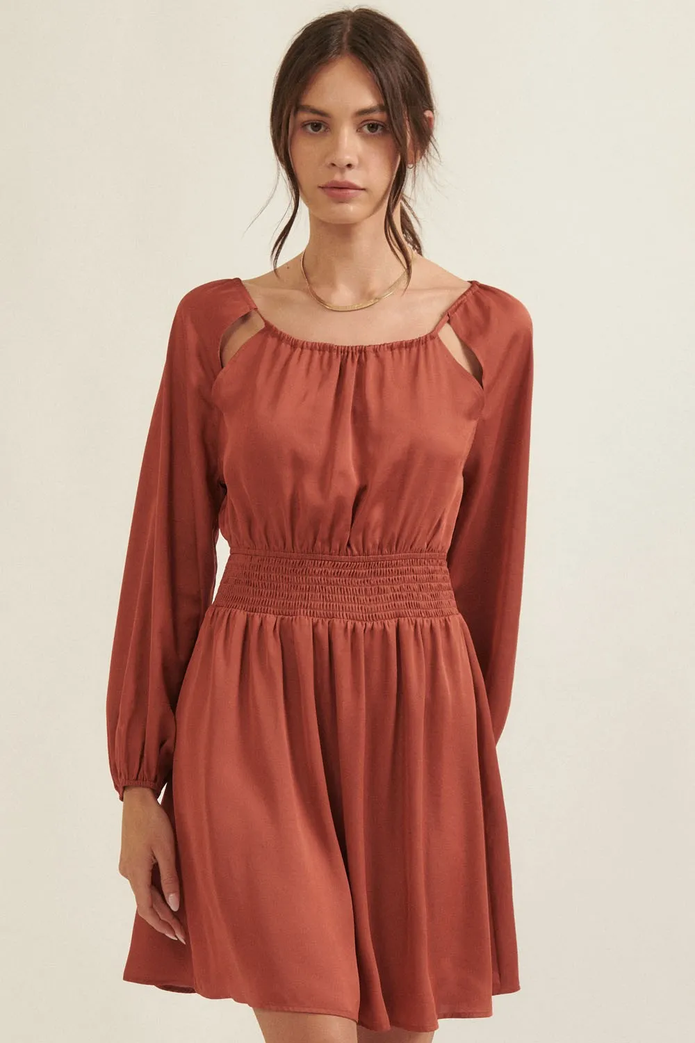 Cinnamon Solid Round Neck Smock Waist Mini Dress sold by Pinkblush product image thumbnail 2