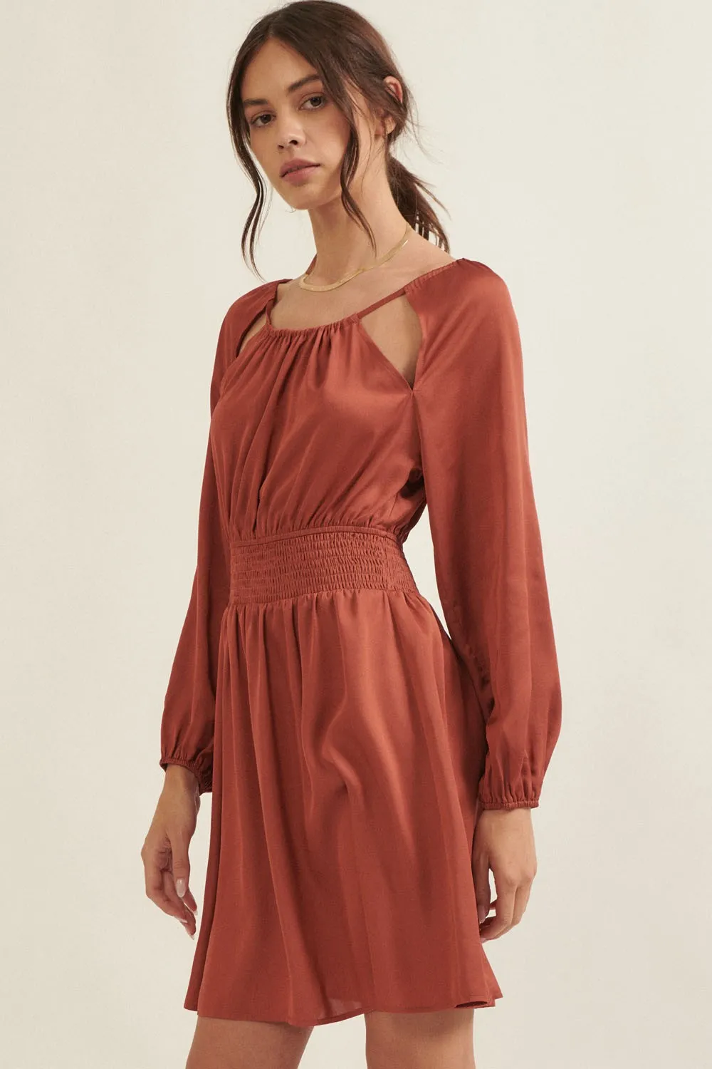 Cinnamon Solid Round Neck Smock Waist Mini Dress sold by Pinkblush product image thumbnail 3