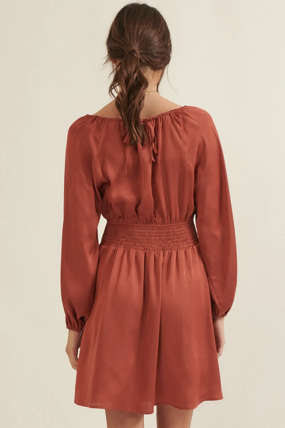 Cinnamon Solid Round Neck Smock Waist Mini Dress sold by Pinkblush product image thumbnail 4