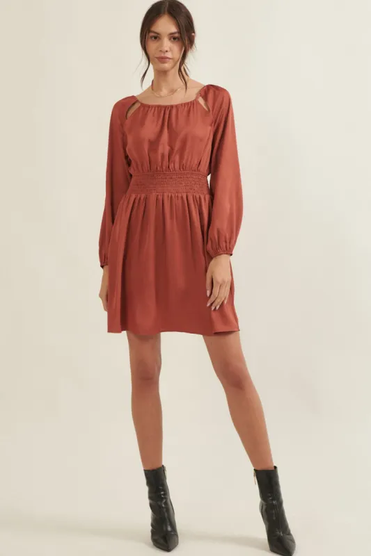 Cinnamon Solid Round Neck Smock Waist Mini Dress sold by Pinkblush