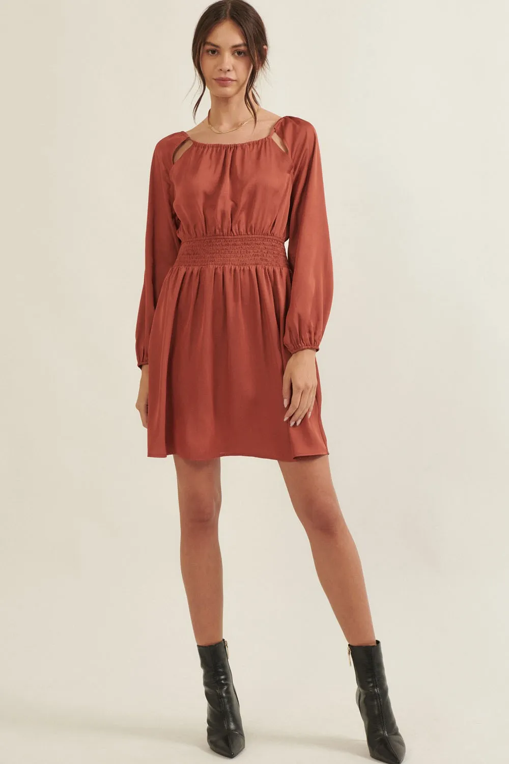 Cinnamon Solid Round Neck Smock Waist Mini Dress sold by Pinkblush