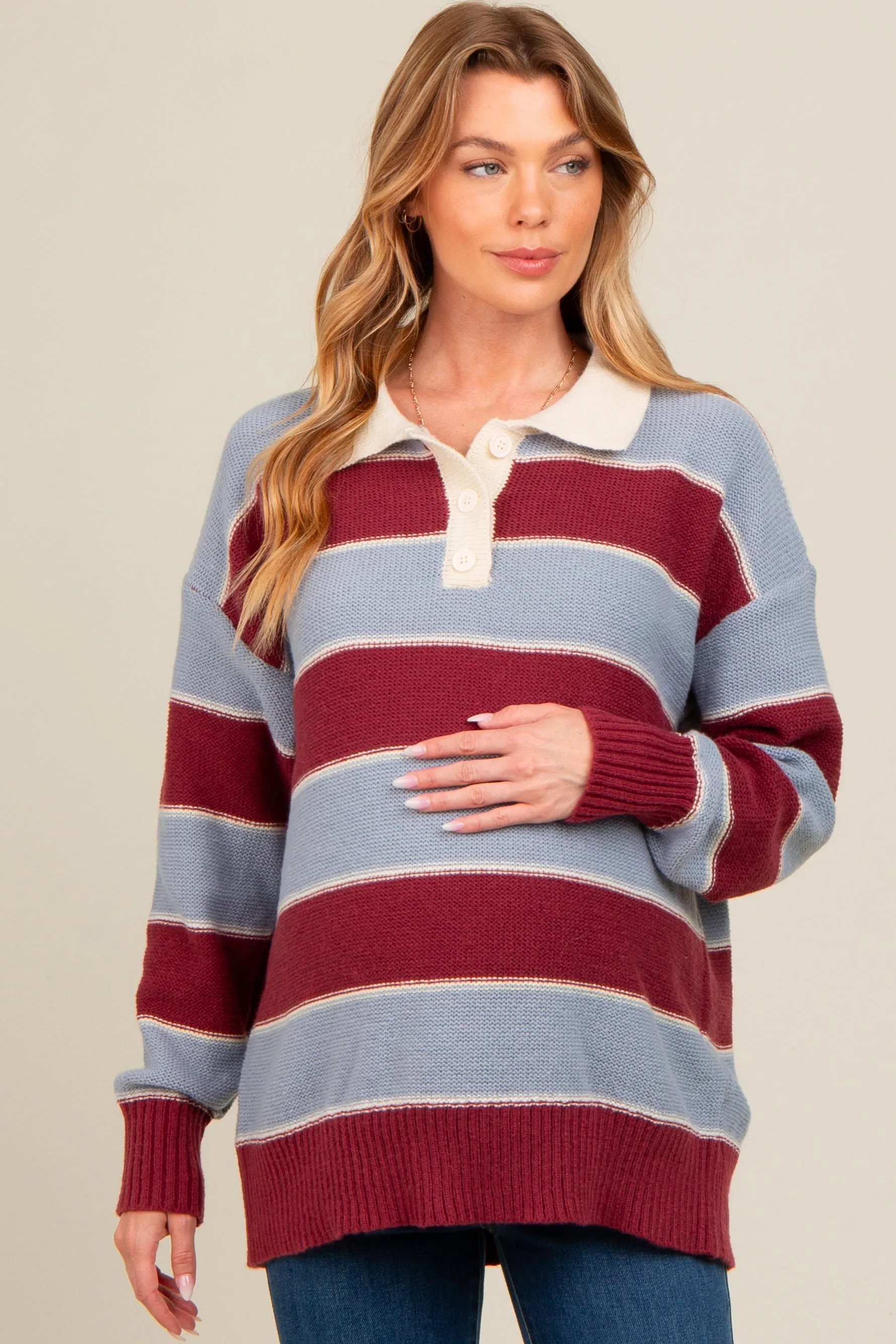 Burgundy Striped Polo Knit Maternity Sweater sold by Pinkblush product image thumbnail 2