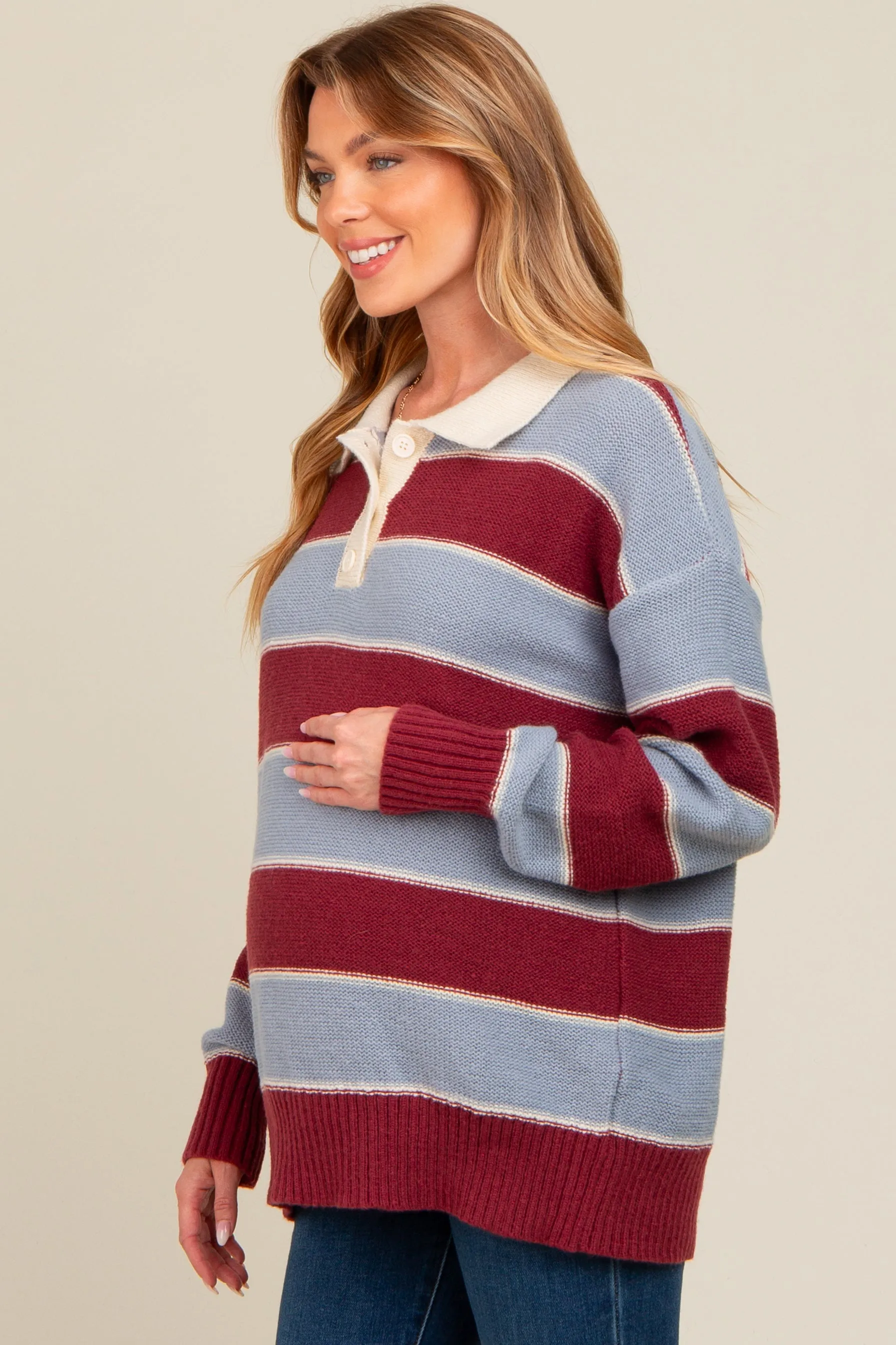 Burgundy Striped Polo Knit Maternity Sweater sold by Pinkblush product image thumbnail 3