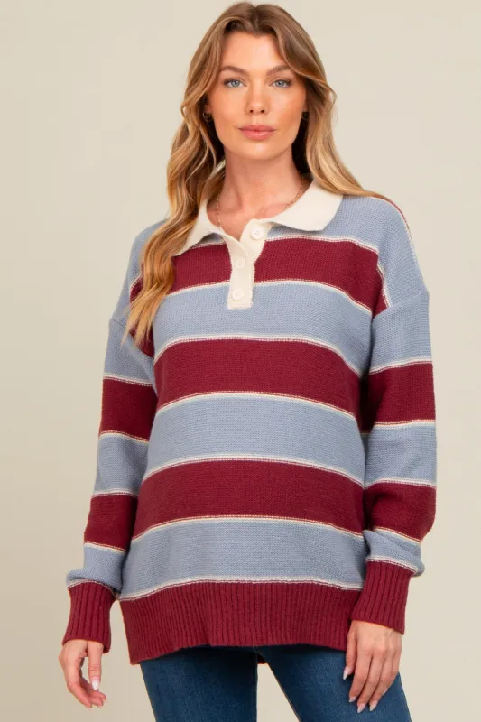 Burgundy Striped Polo Knit Maternity Sweater sold by Pinkblush