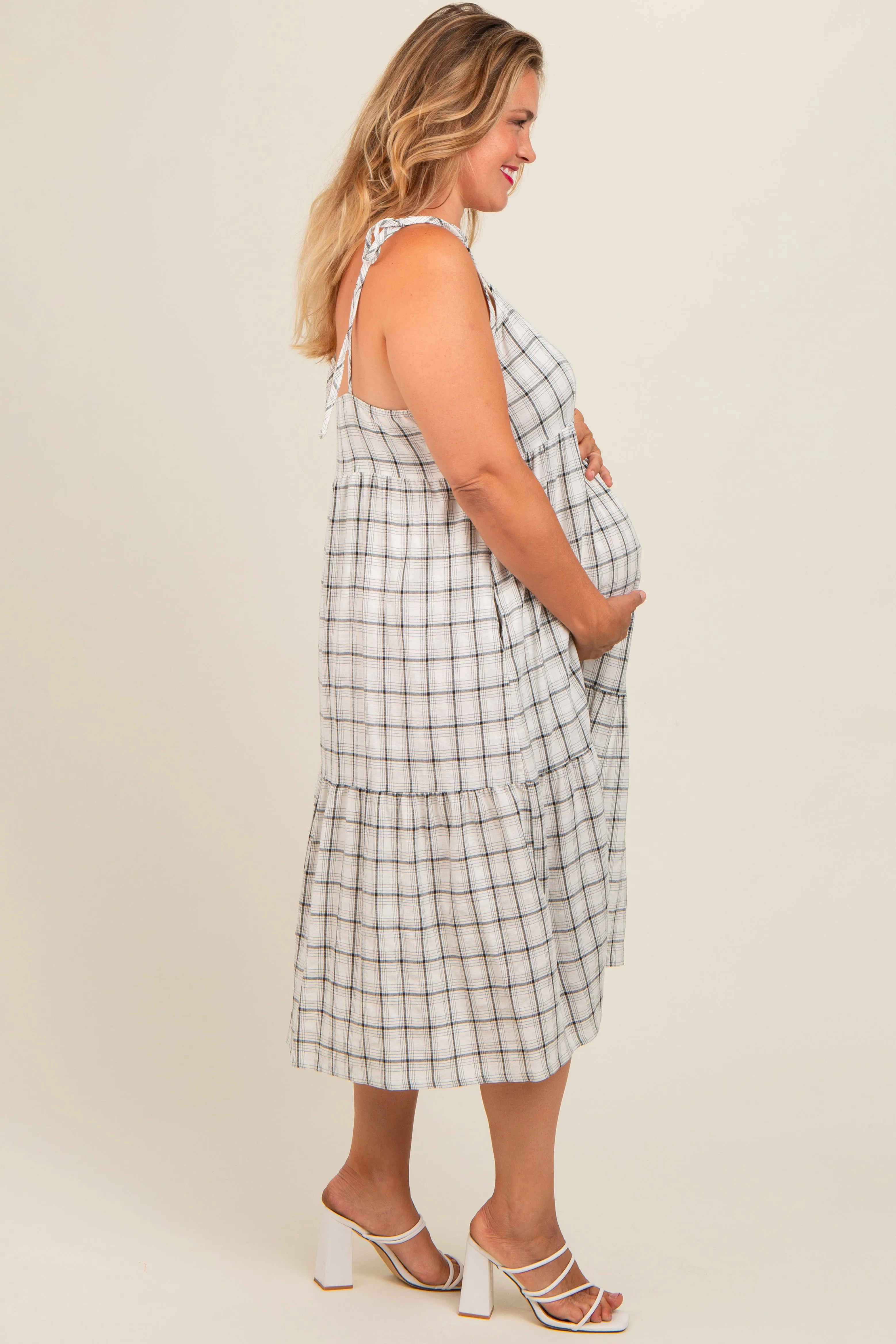 Ivory Plaid Shoulder Tie Maternity Plus Midi Dress sold by Pinkblush product image thumbnail 2