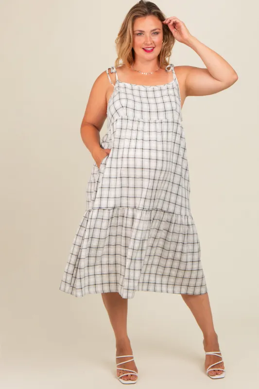 Ivory Plaid Shoulder Tie Maternity Plus Midi Dress sold by Pinkblush