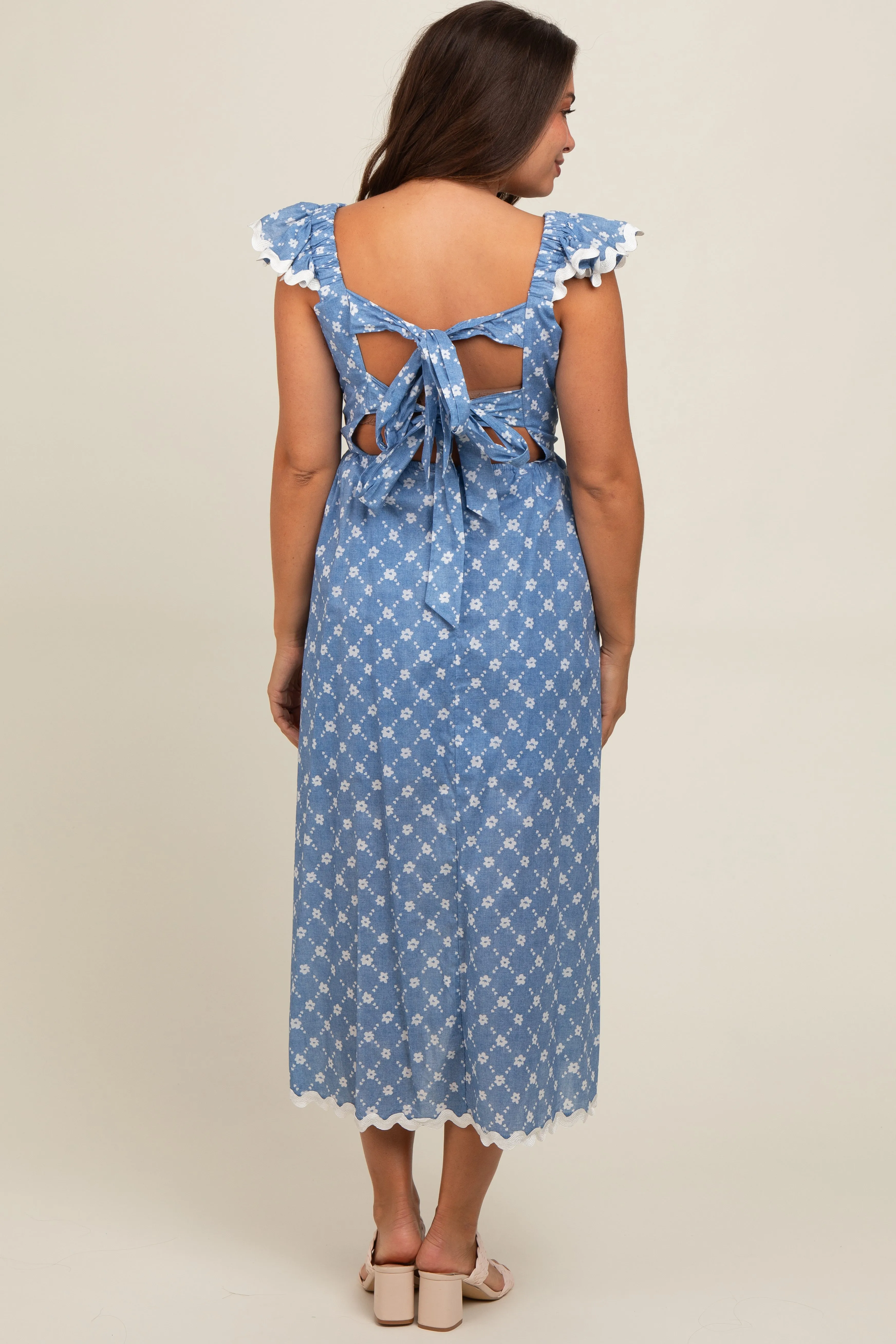 Blue Printed Ruffle Trim Maternity Maxi Dress sold by Pinkblush product image thumbnail 4