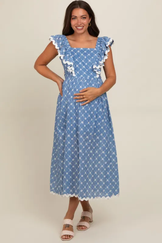 Blue Printed Ruffle Trim Maternity Maxi Dress sold by Pinkblush