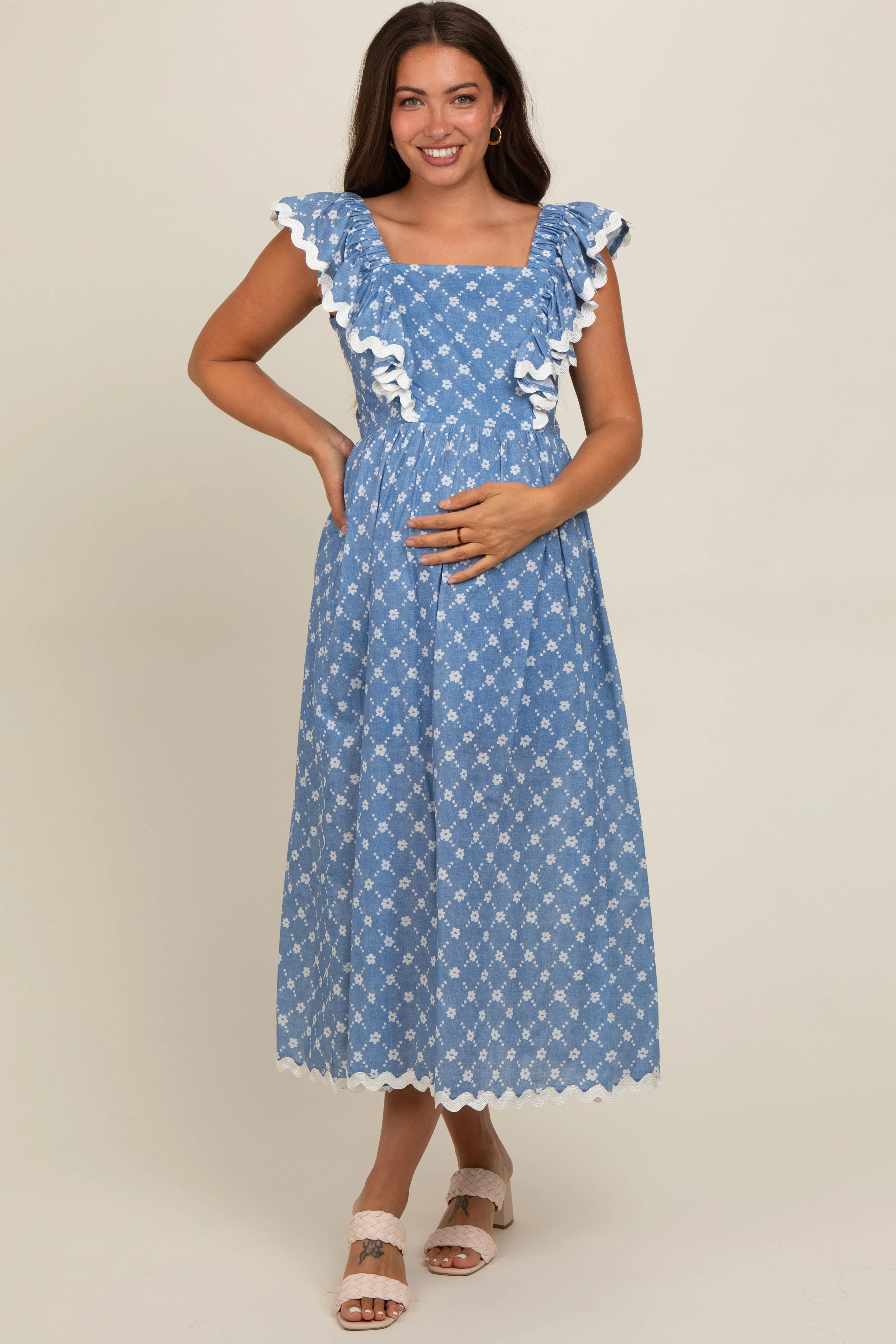 Blue Printed Ruffle Trim Maternity Maxi Dress sold by Pinkblush