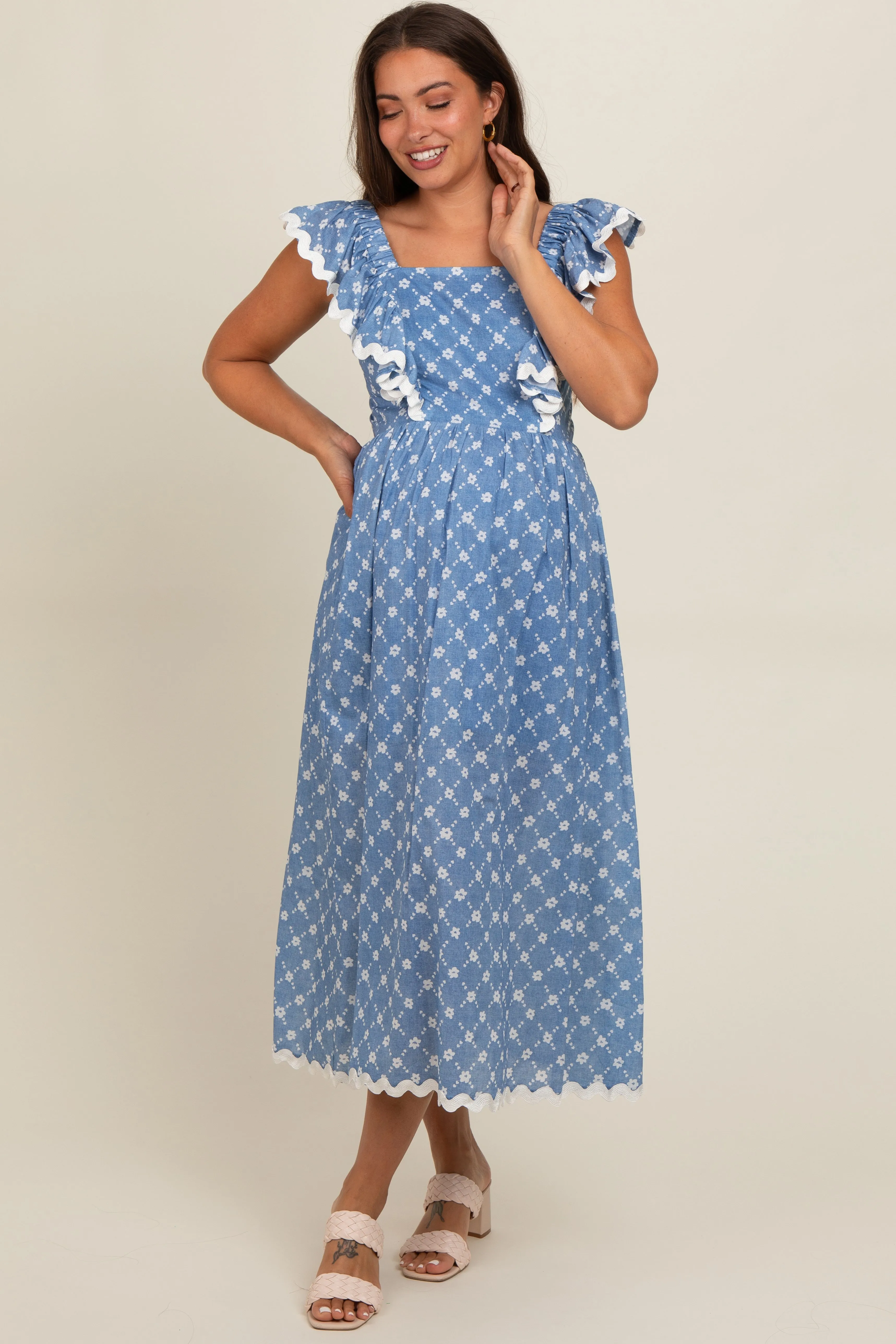 Blue Printed Ruffle Trim Maternity Maxi Dress sold by Pinkblush product image thumbnail 2