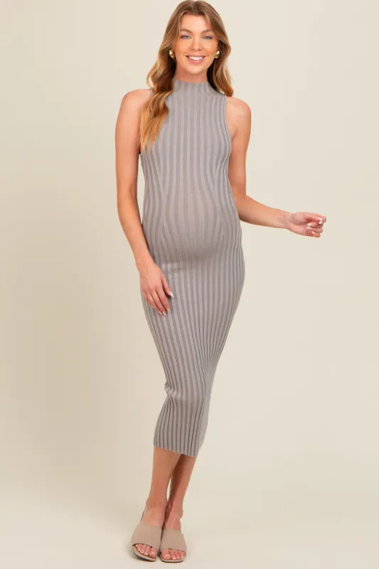 Grey Ribbed Knit Mock Neck Fitted Maternity Dress sold by Pinkblush