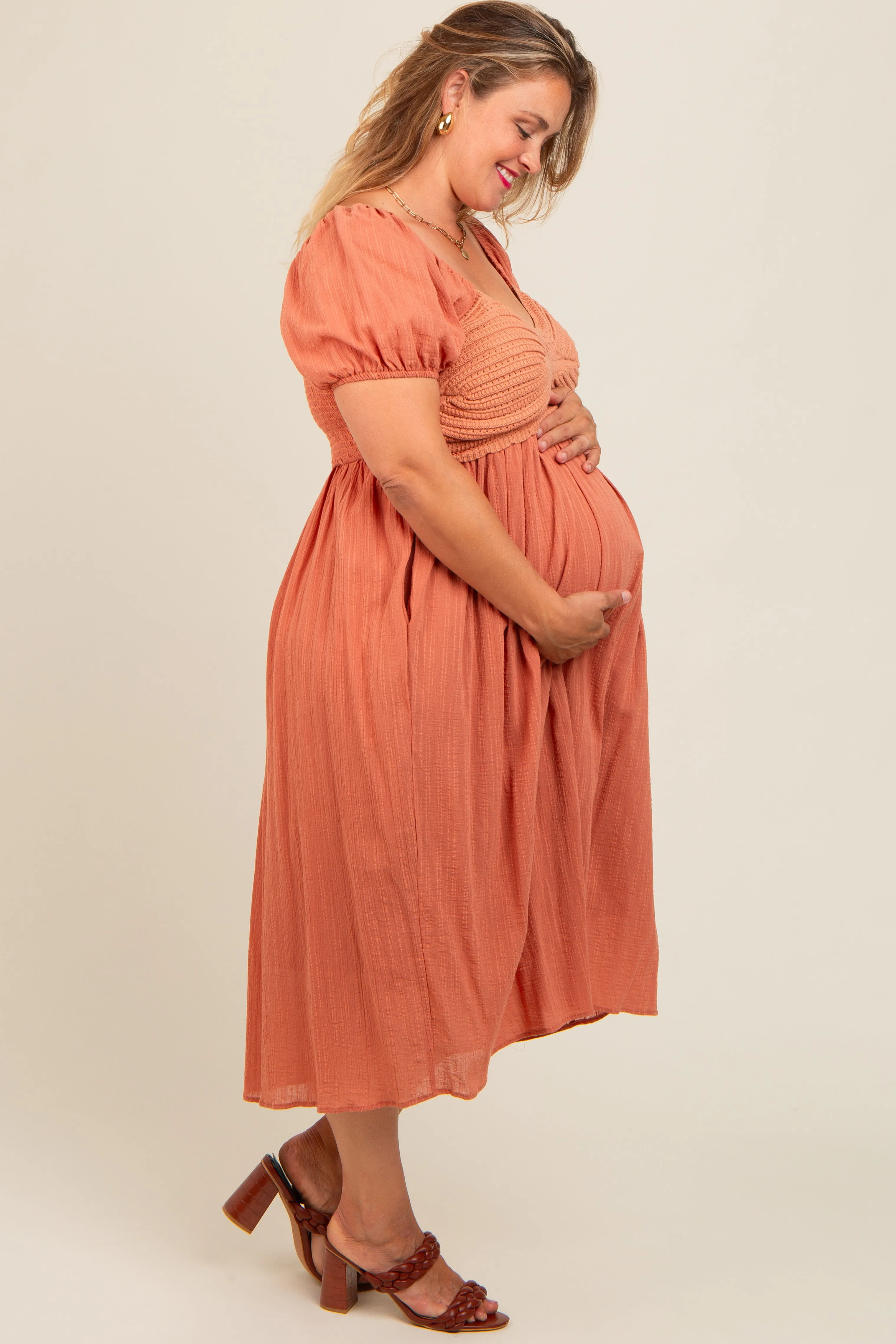 Rust Crochet Bodice Cotton Plus Maternity Midi Dress sold by Pinkblush product image thumbnail 2