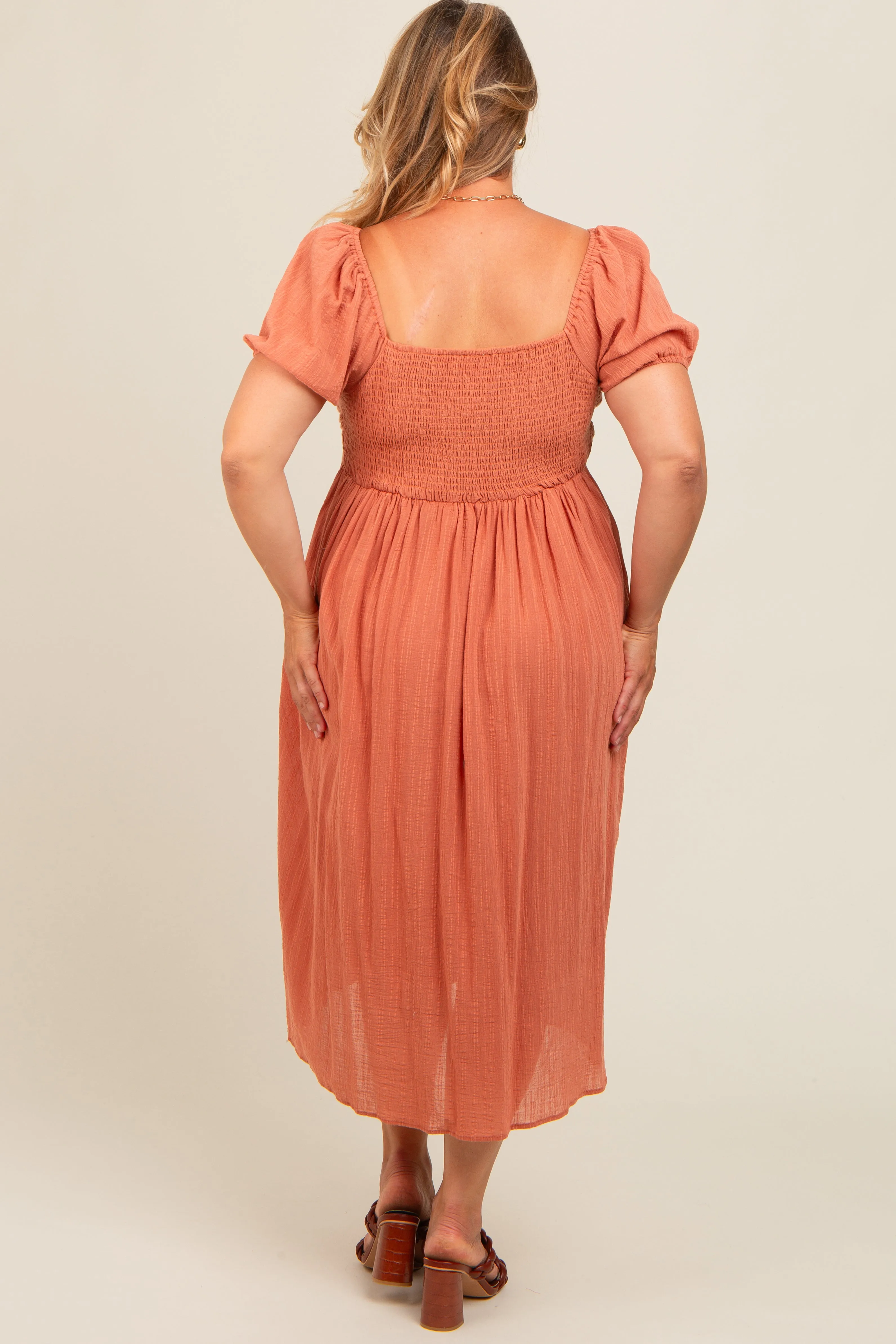 Rust Crochet Bodice Cotton Plus Maternity Midi Dress sold by Pinkblush product image thumbnail 3