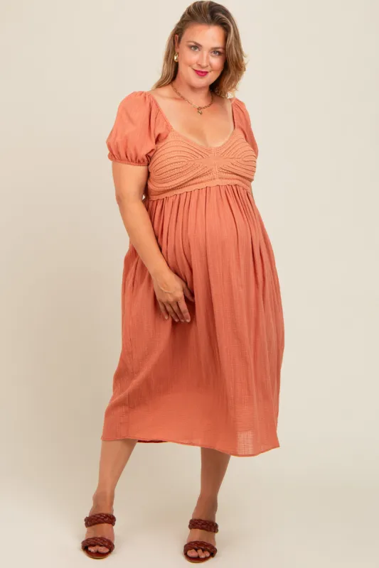 Rust Crochet Bodice Cotton Plus Maternity Midi Dress sold by Pinkblush