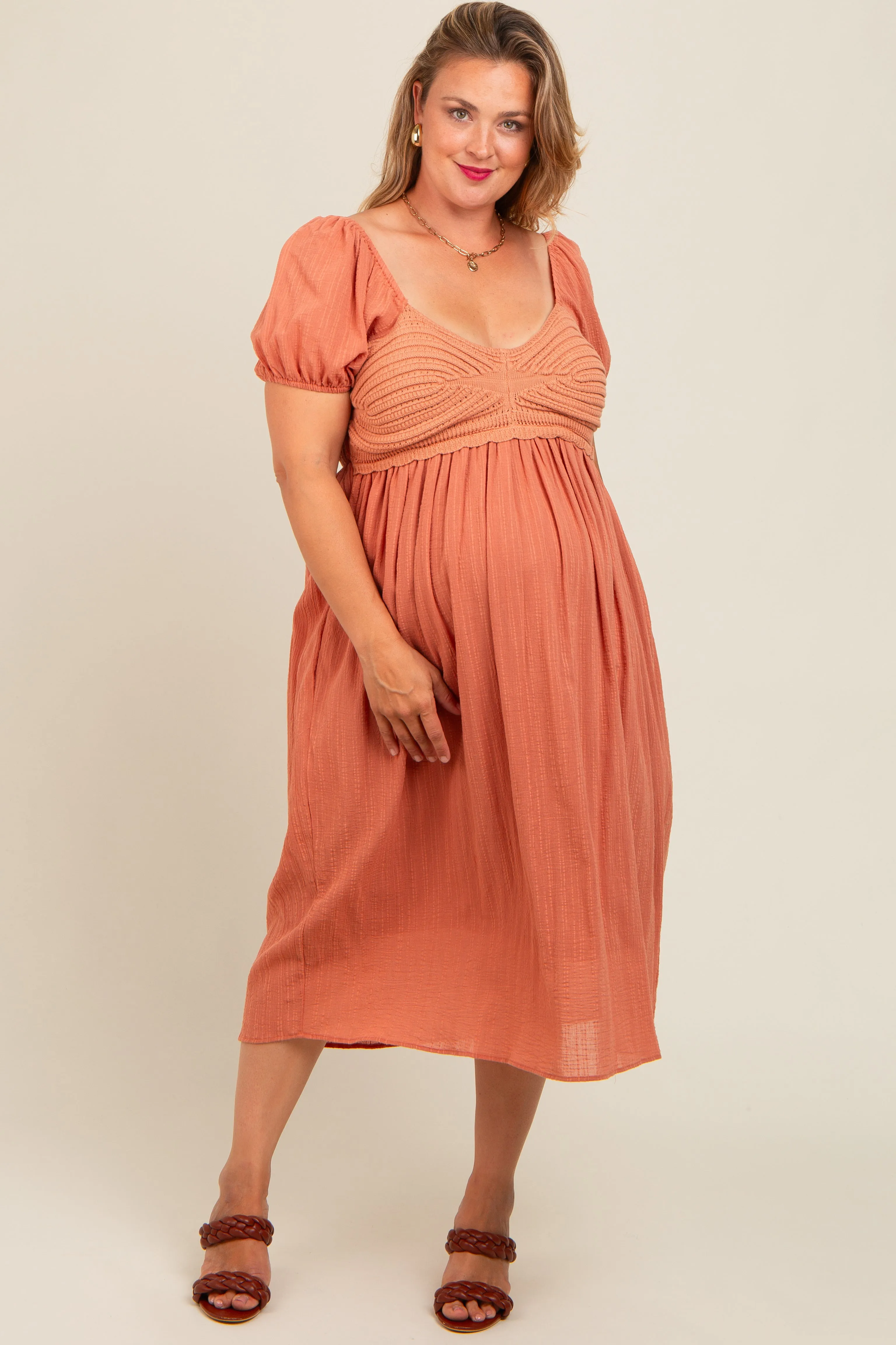 Rust Crochet Bodice Cotton Plus Maternity Midi Dress sold by Pinkblush