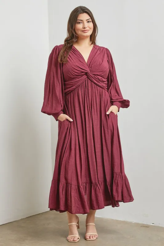 Burgundy Front Twist Plus Maxi Dress sold by Pinkblush
