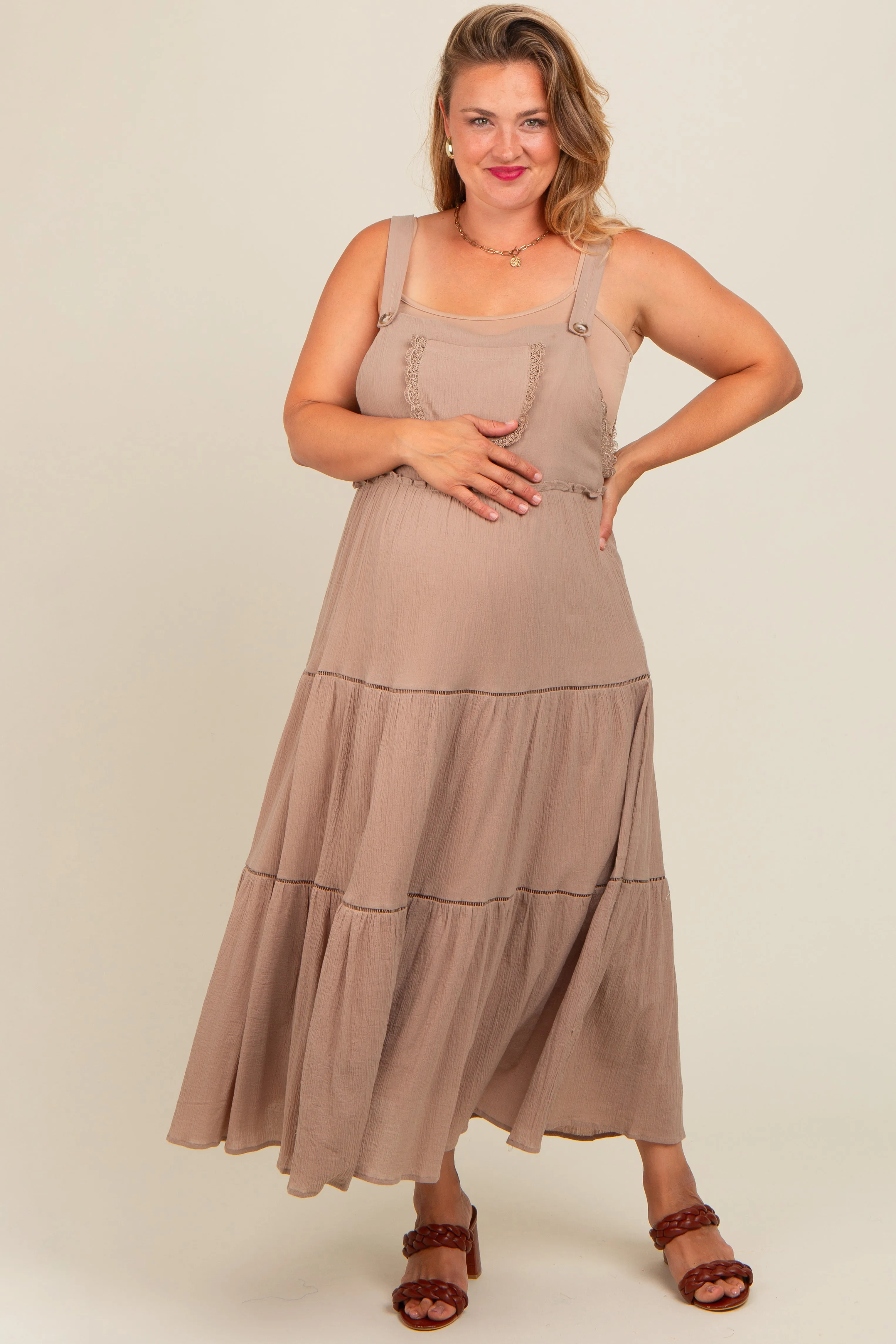 Taupe Front Pocket Tiered Overall Maternity Plus Midi Dress sold by Pinkblush