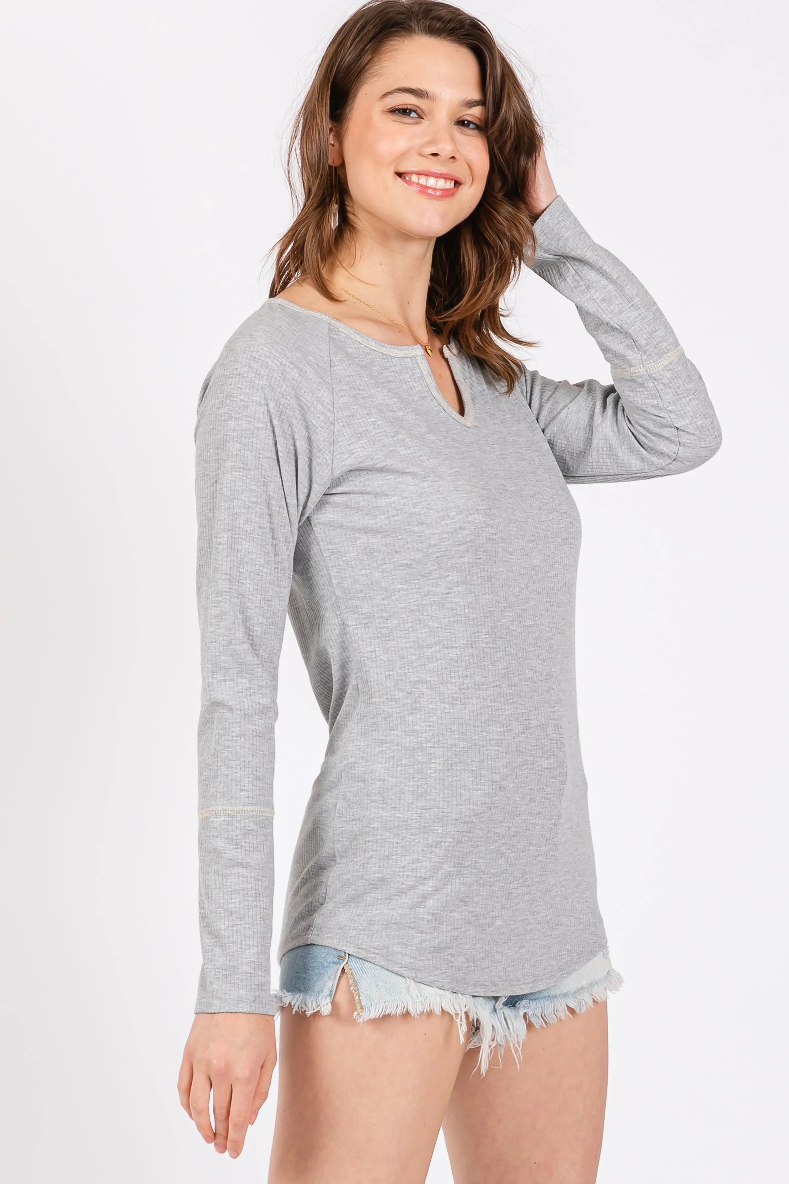 Heather Grey V-Neck Long Sleeve Shirt sold by Pinkblush product image thumbnail 2