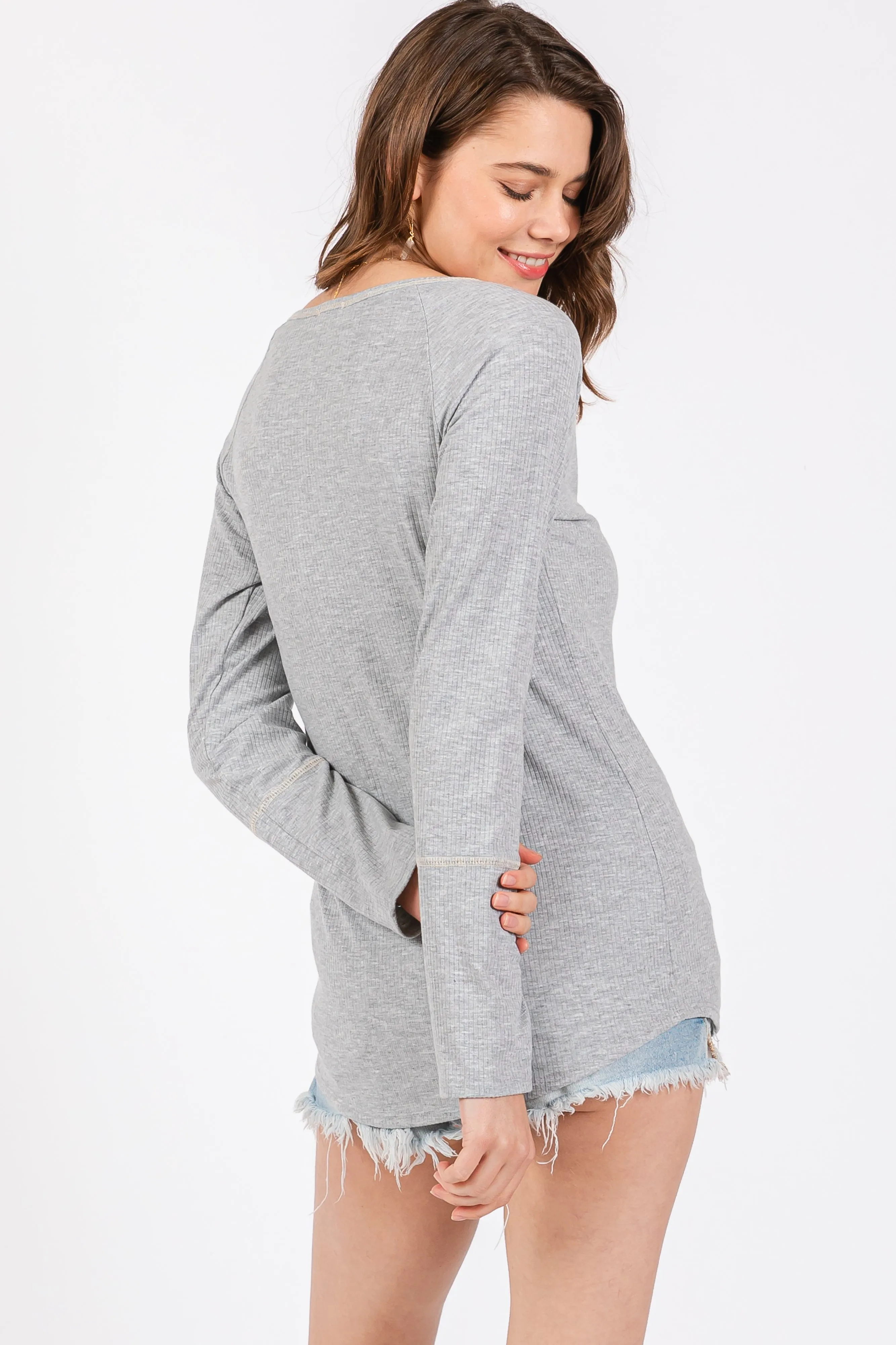 Heather Grey V-Neck Long Sleeve Shirt sold by Pinkblush product image thumbnail 3