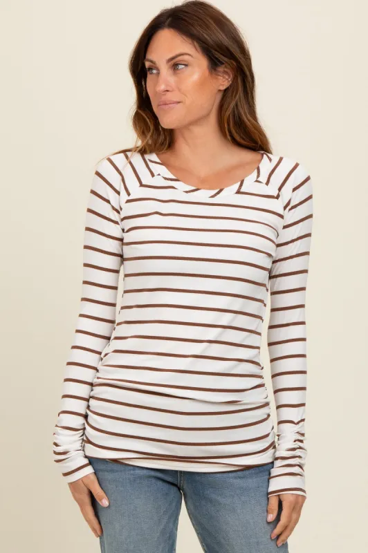 Ivory Striped Ruched Side Long Sleeve Top sold by Pinkblush