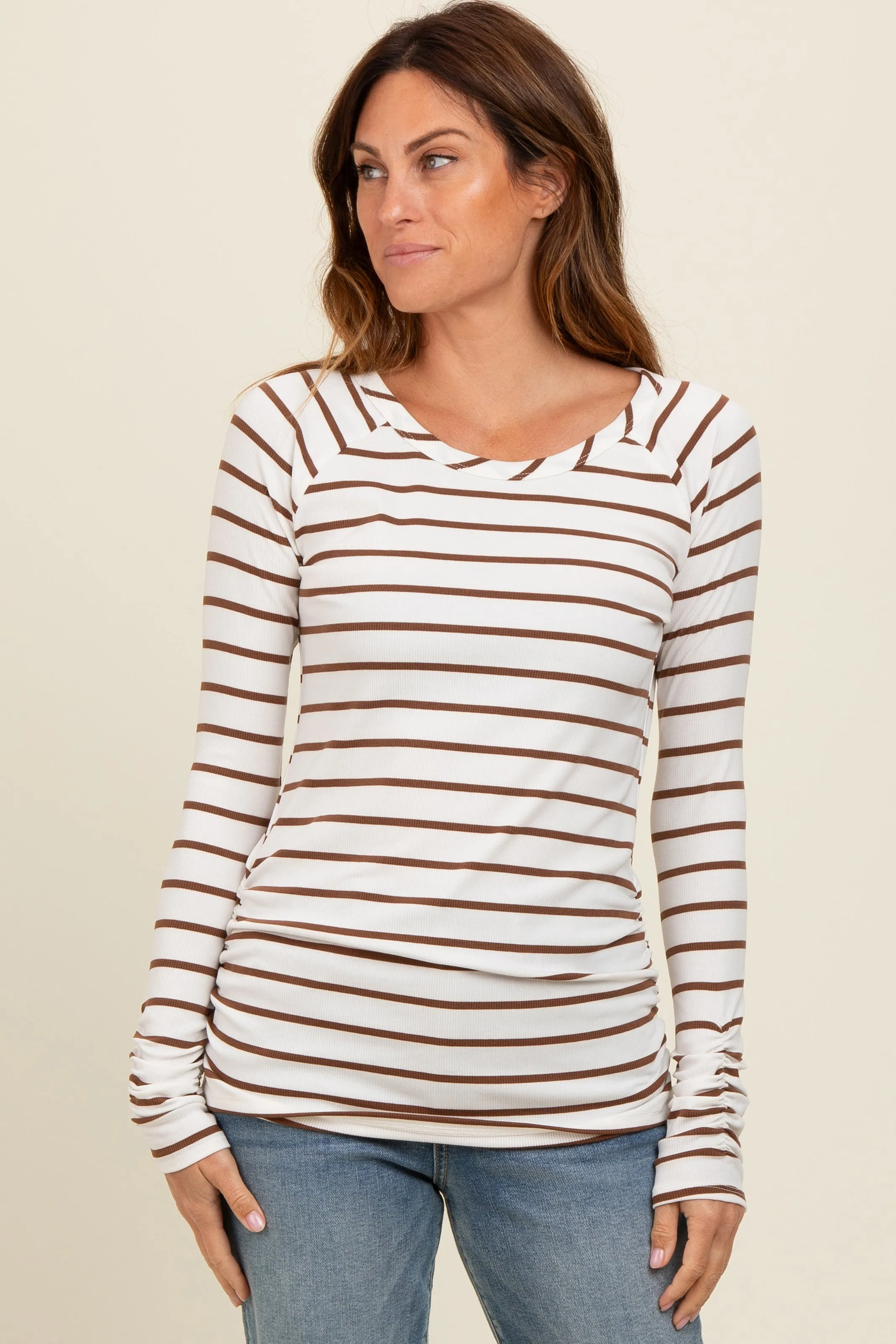 Ivory Striped Ruched Side Long Sleeve Top sold by Pinkblush