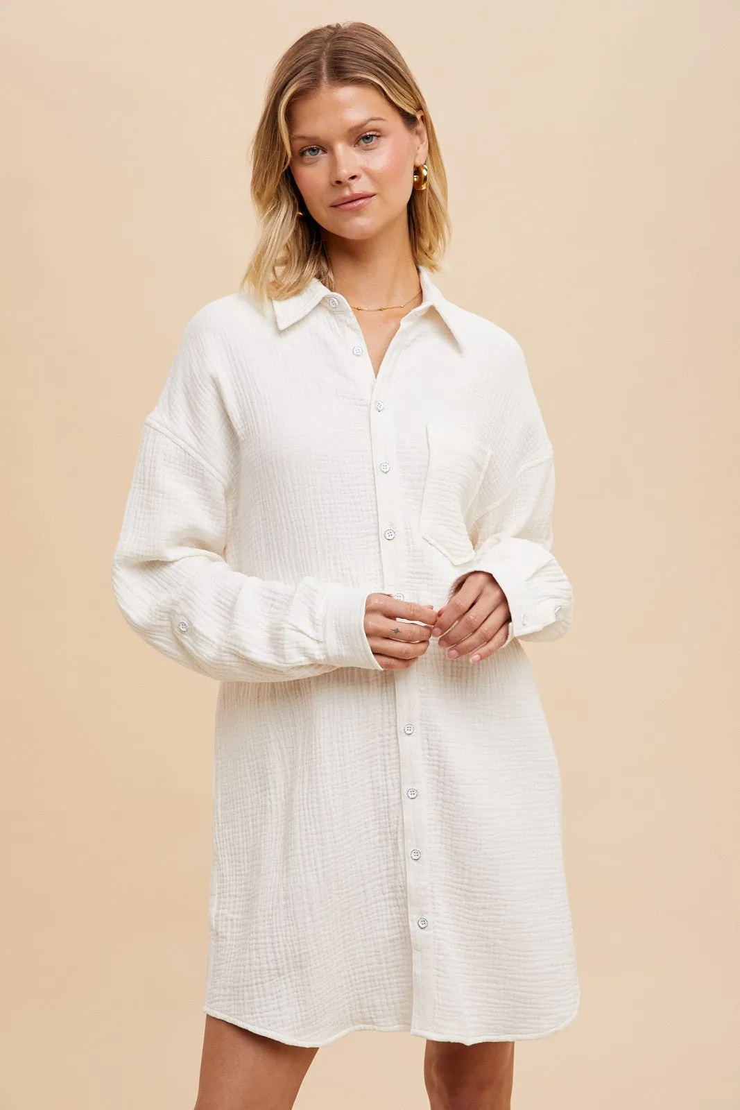 White Rolled Cuff Button Down Dress sold by Pinkblush