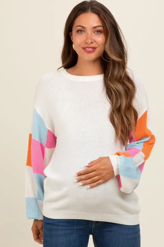 Light Blue Checker Sleeve Maternity Sweater sold by Pinkblush