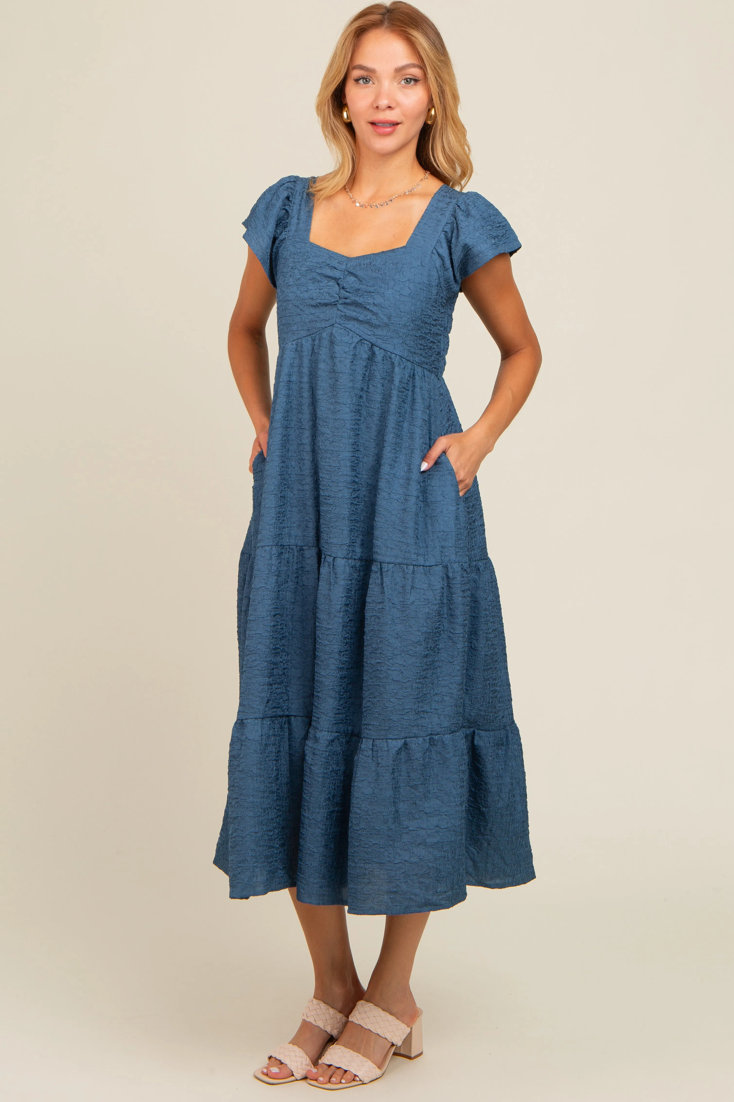 Blue Textured Sweetheart Neck Short Puff Sleeve Tiered Maternity Midi Dress sold by Pinkblush product image thumbnail 4