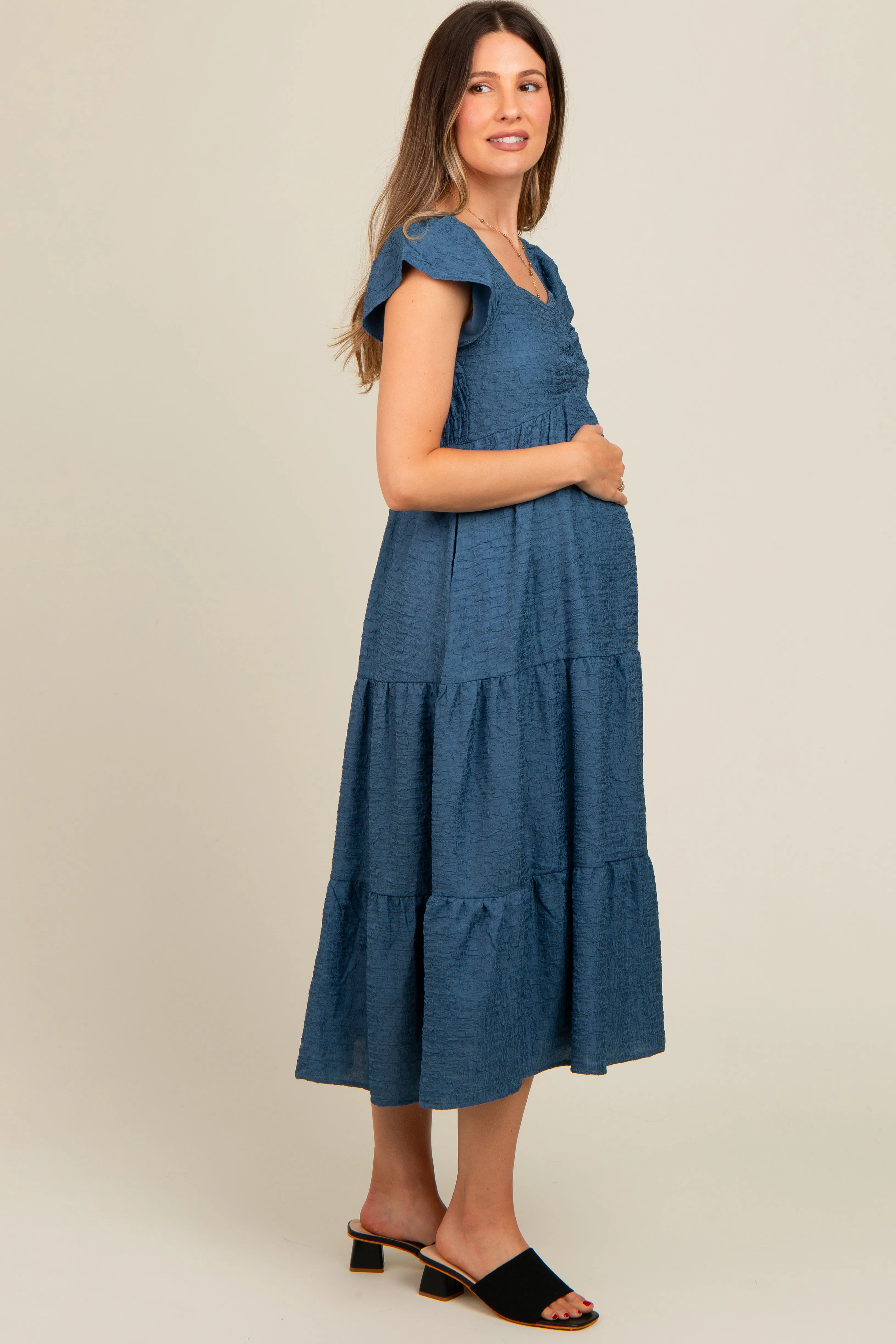 Blue Textured Sweetheart Neck Short Puff Sleeve Tiered Maternity Midi Dress sold by Pinkblush product image thumbnail 2