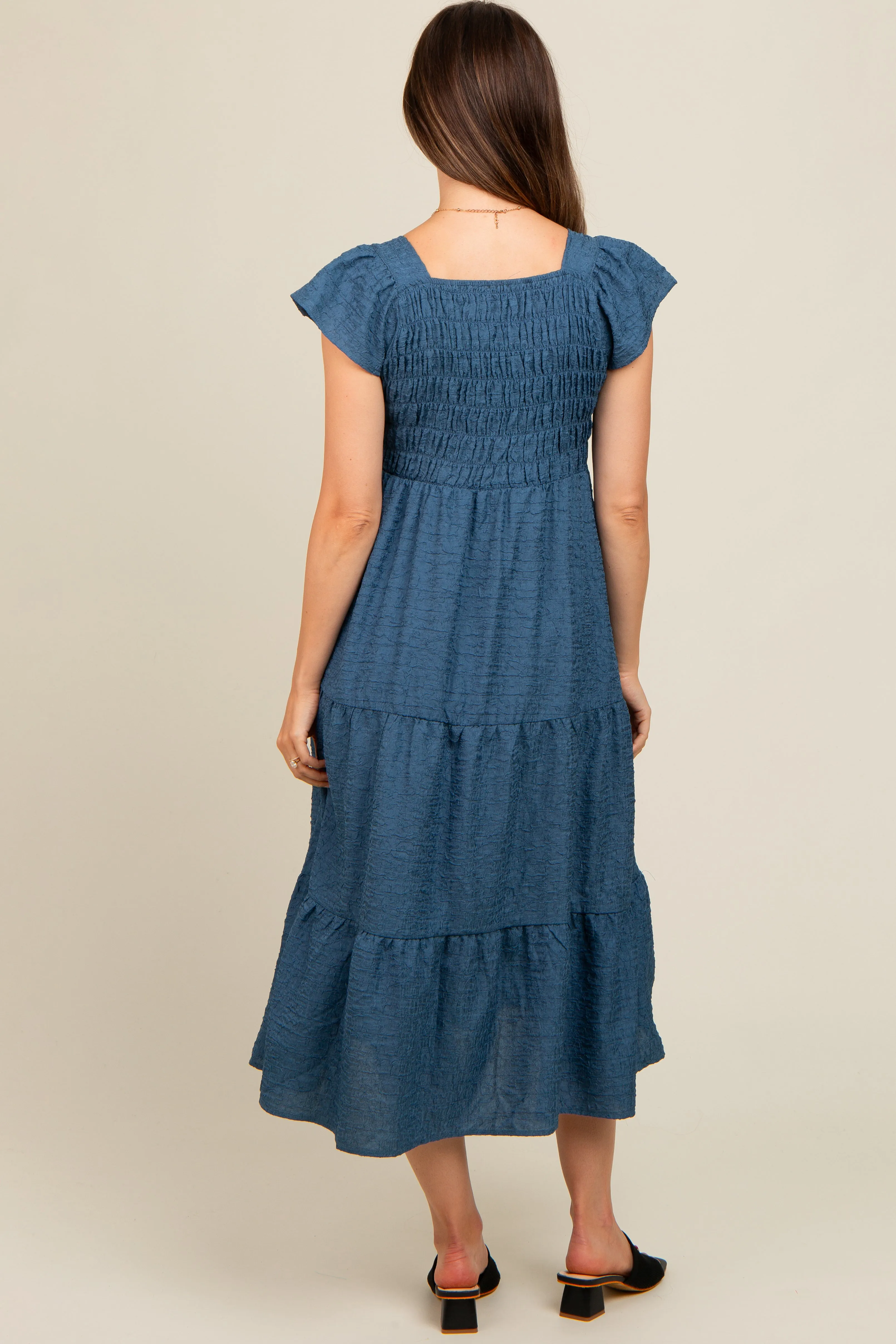 Blue Textured Sweetheart Neck Short Puff Sleeve Tiered Maternity Midi Dress sold by Pinkblush product image thumbnail 3